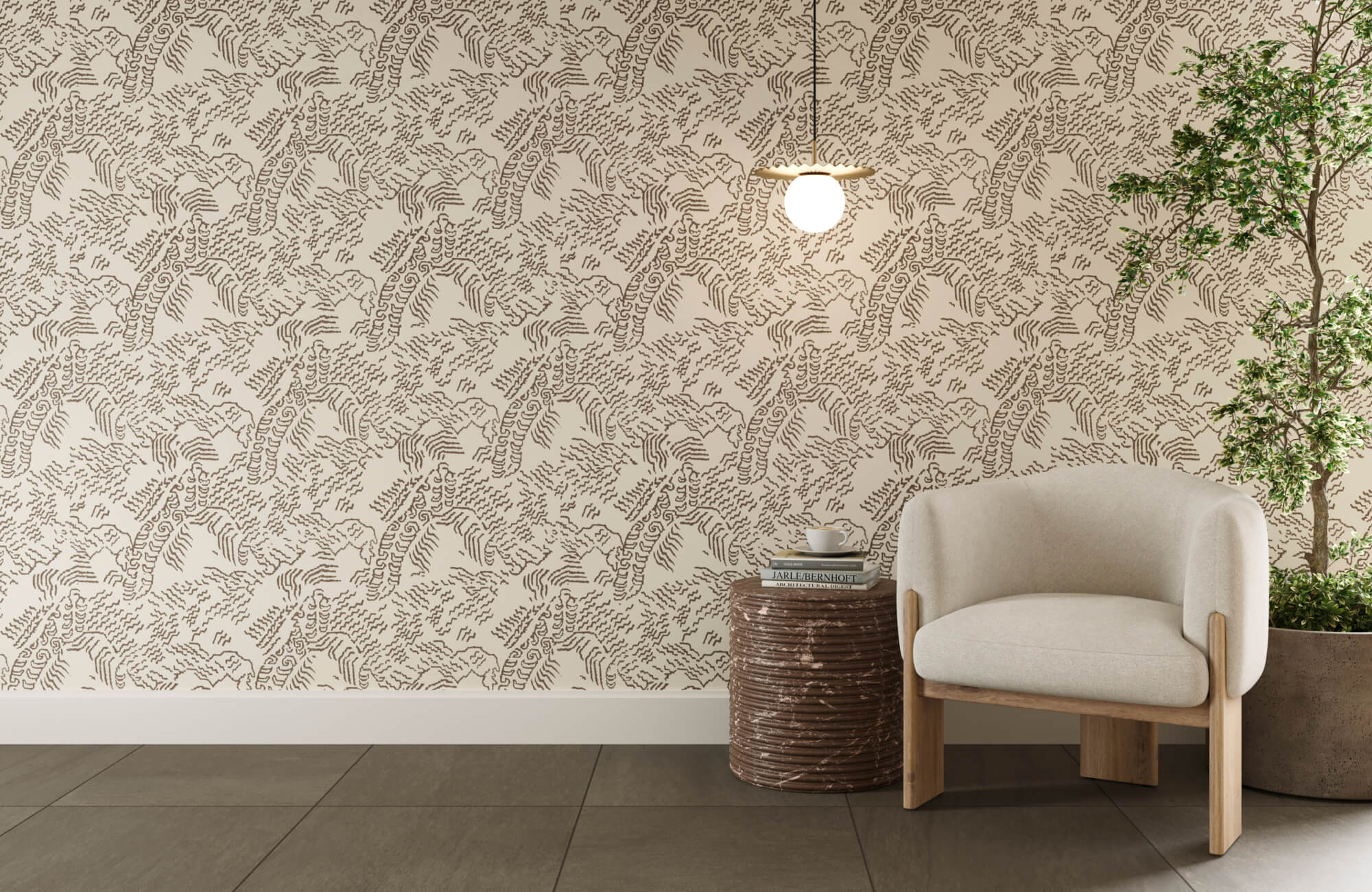 Botanical pattern wallpaper in beige and brown with abstract nature motifs, styled behind a neutral lounge chair and wooden side table in a minimalist interior.