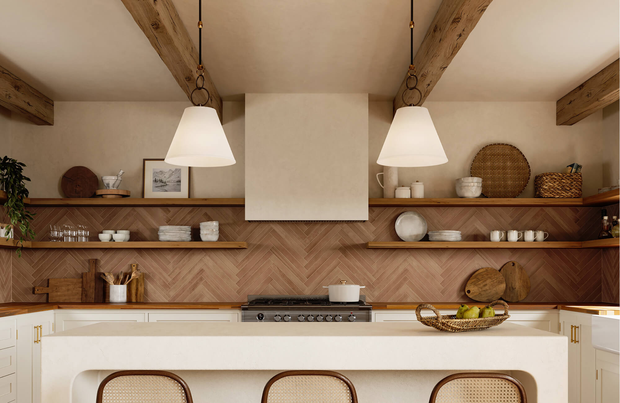 Wide tapered pendants above a white kitchen island, highlighting the warm textures and open shelving along the wall.