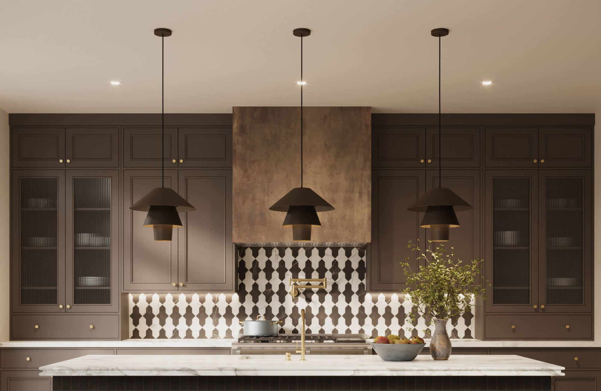 Modern layered metal pendants aligned over a marble island, directing light downward in a rich, dramatic kitchen.