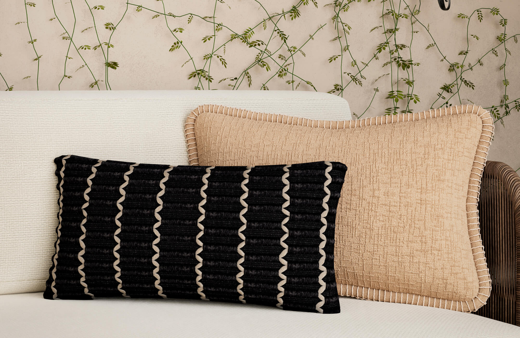 null Neutral decorative pillows with black striped pattern and textured beige fabric on a white sofa.
