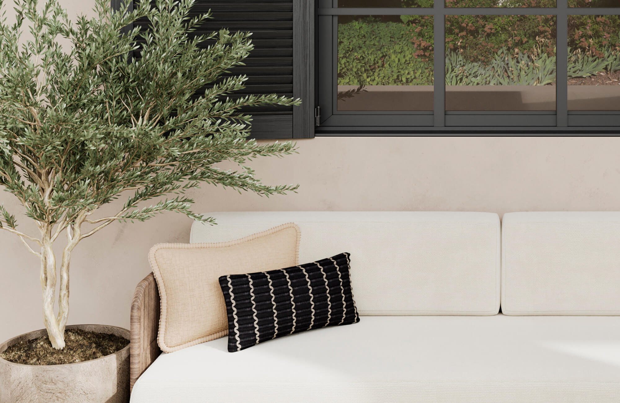 null Neutral decorative pillows with black striped pattern and textured beige fabric on a white outdoor sofa.