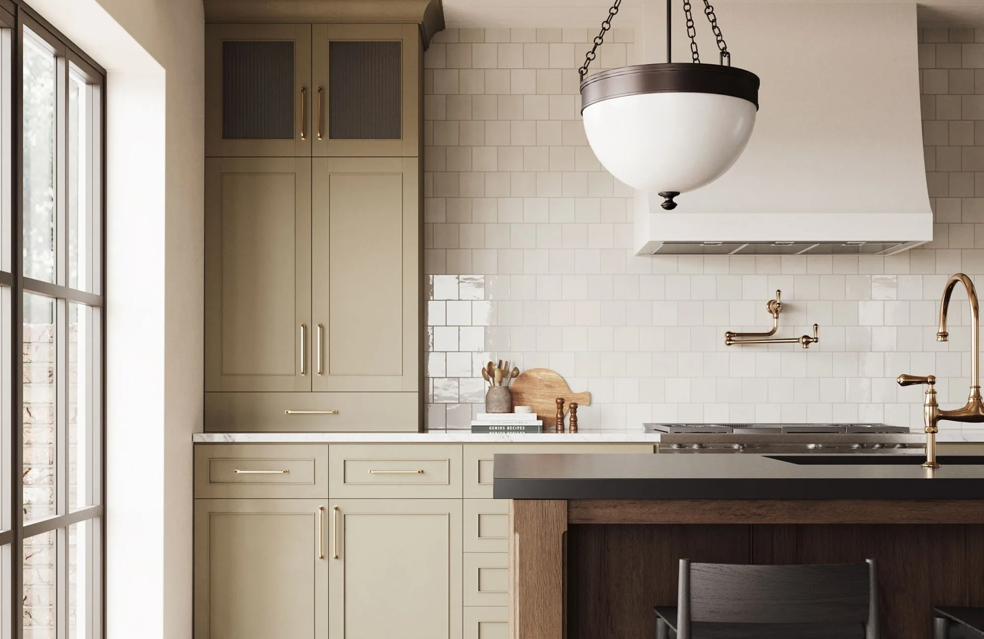 A light beige square tile backsplash brightens the kitchen and pairs softly with neutral cabinetry.