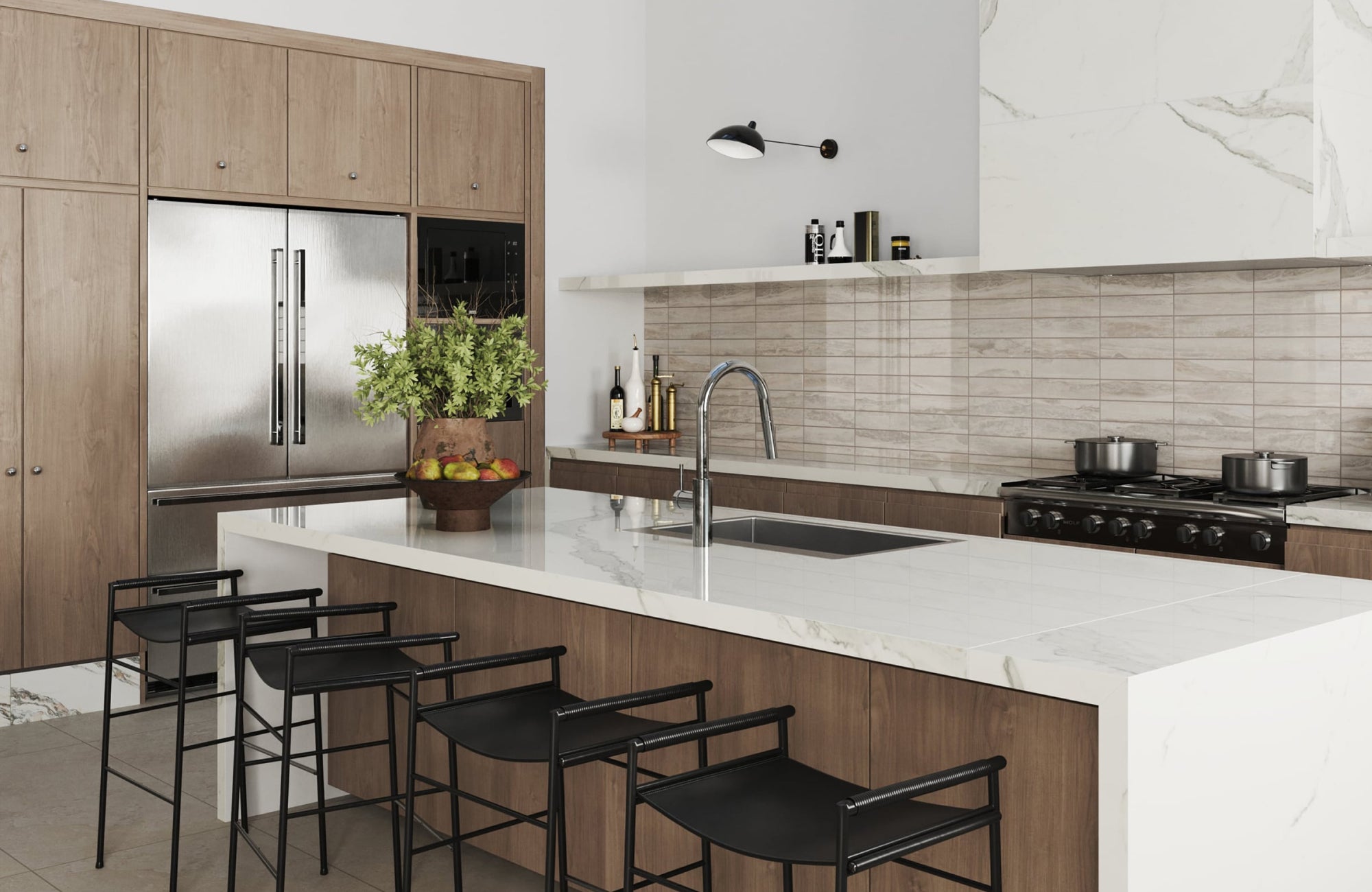 Greige rectangular backsplash tiles create a warm neutral backdrop against wood cabinets.