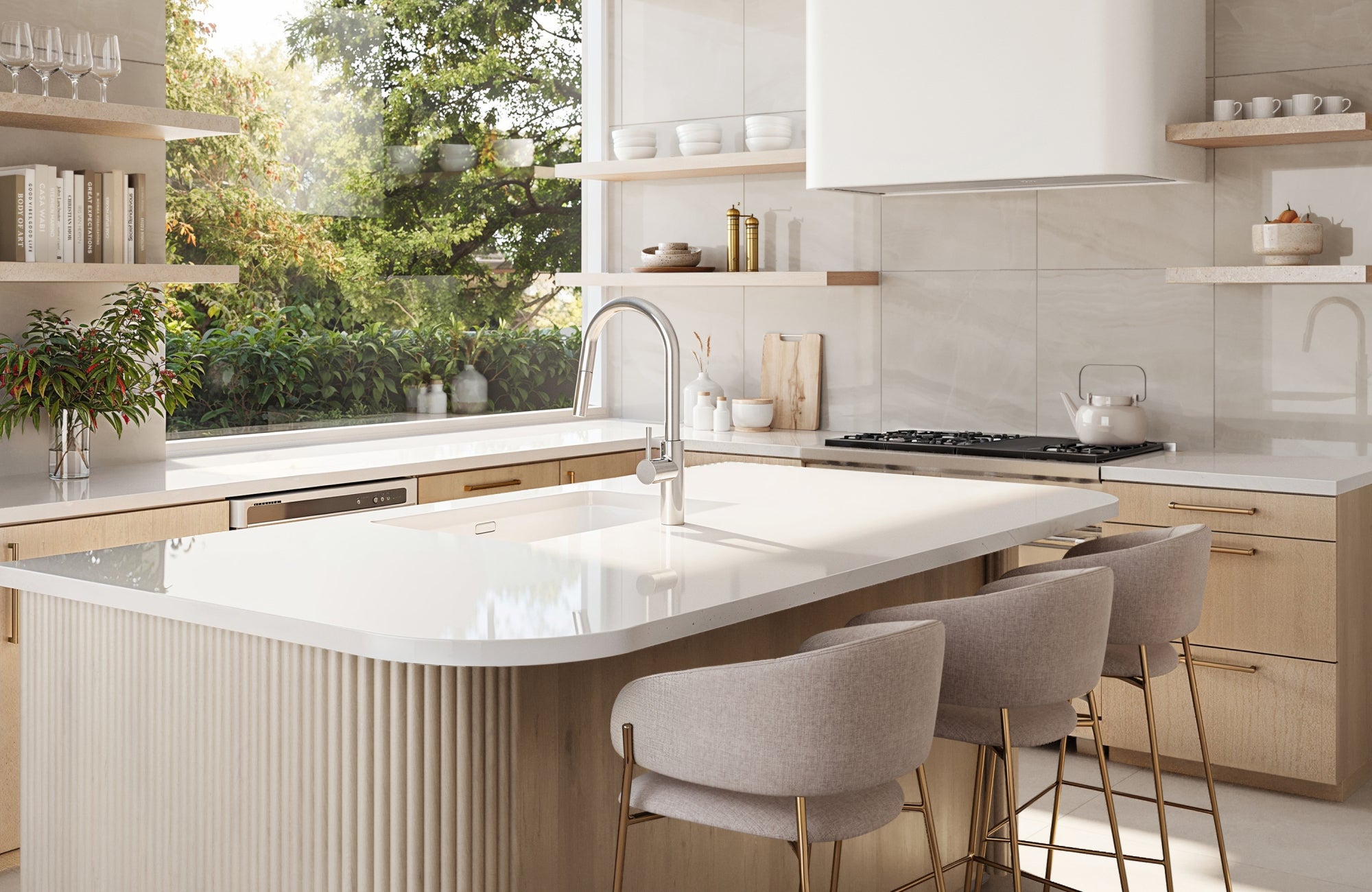 A large polished beige tile backsplash gives a sleek, seamless look that opens up the kitchen space.
