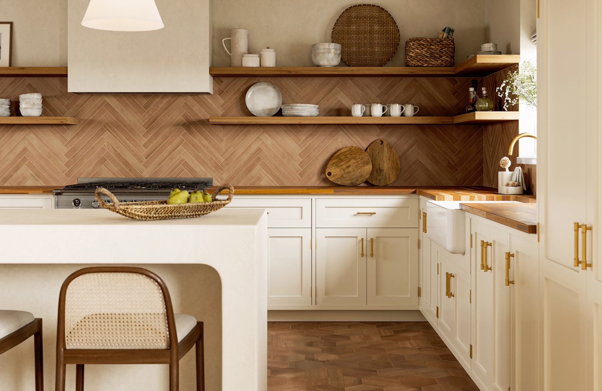 Warm terracotta herringbone backsplash adds earthy tones and enhances the cozy, rustic feel of the kitchen.