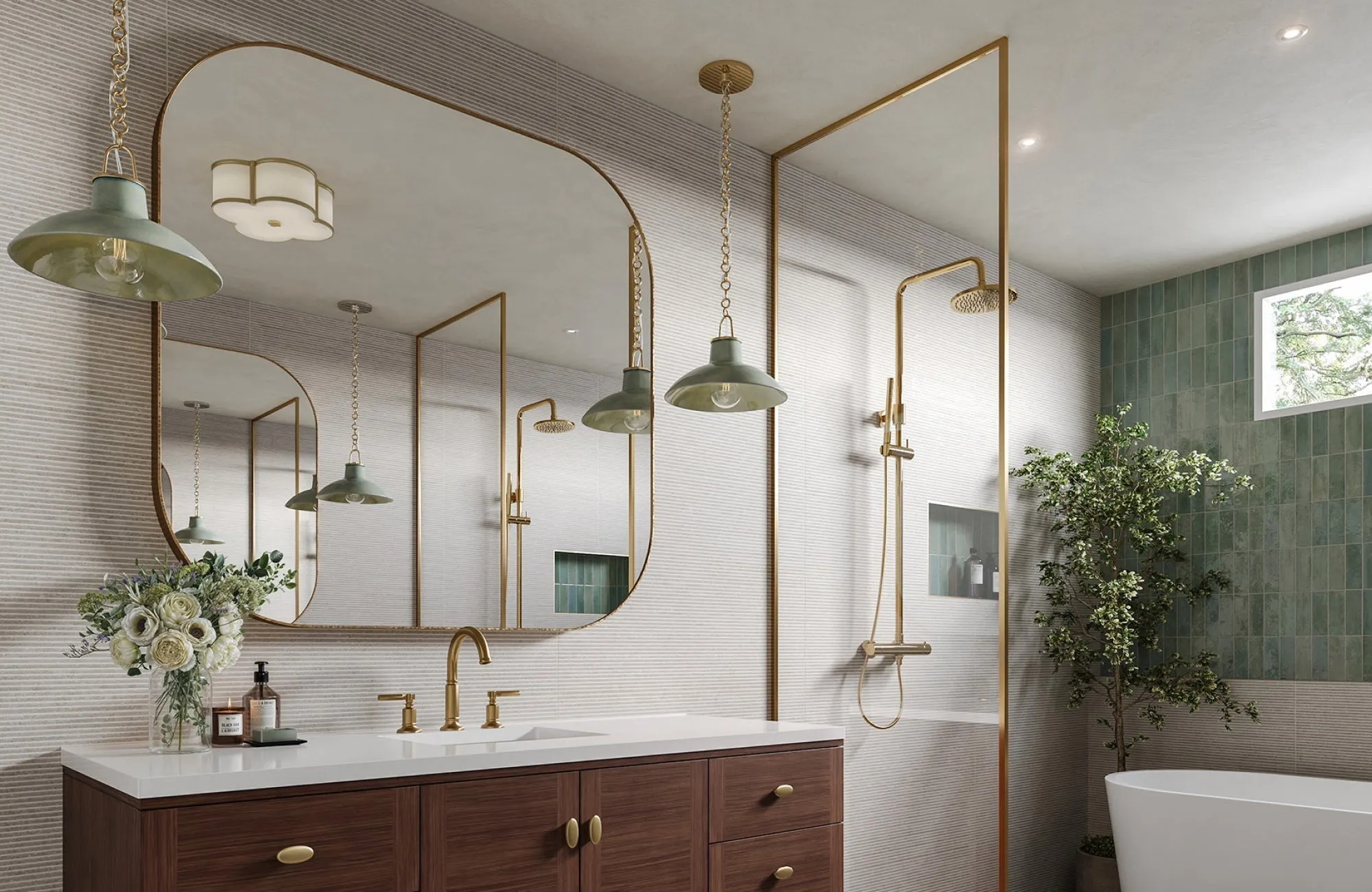 Rectangular bathroom mirror with soft corners and gold trim, mounted above a double vanity with gold fixtures.