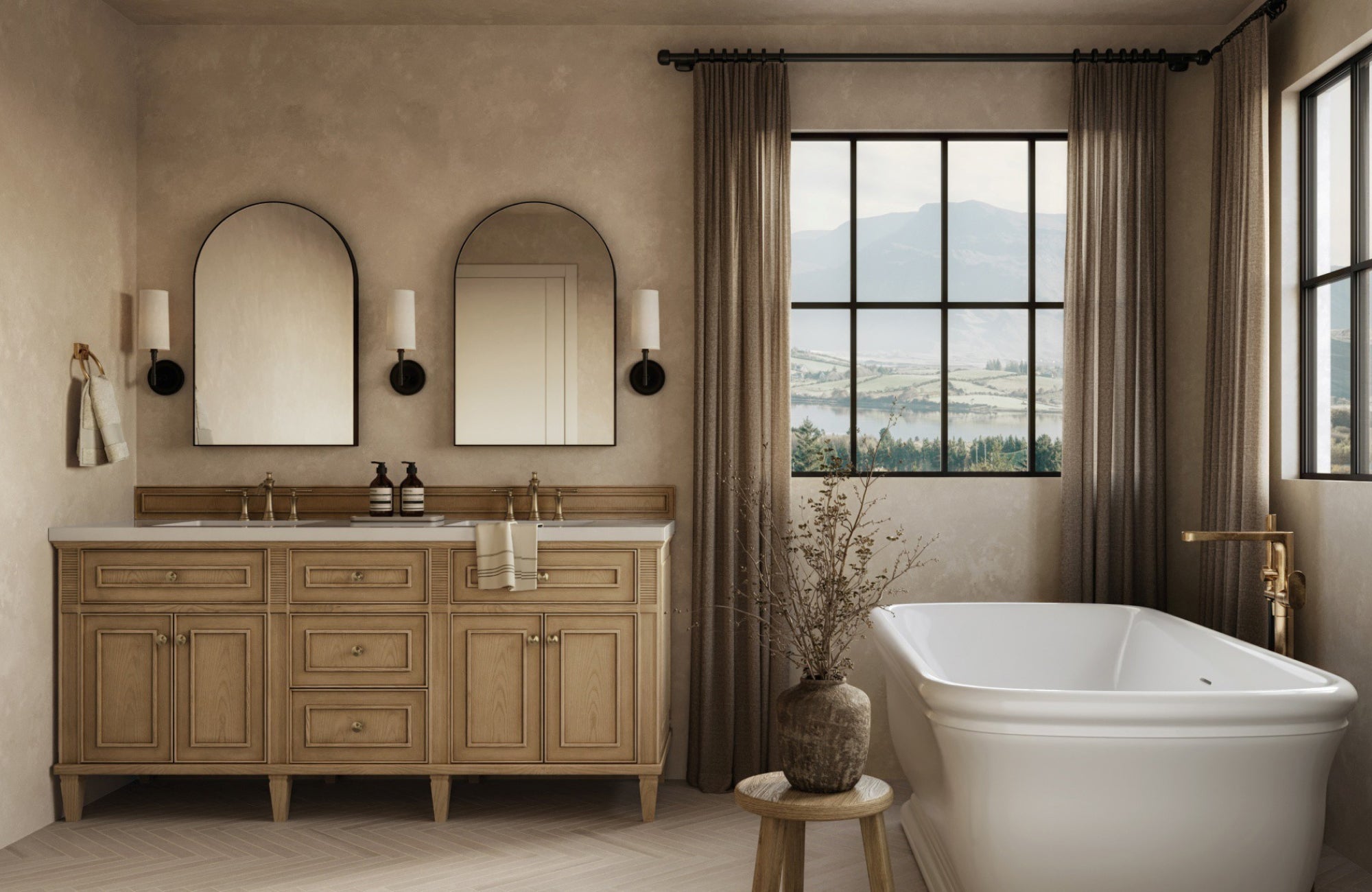 Arched rectangular mirrors with black frames, paired with black wall sconces above a natural wood double vanity.