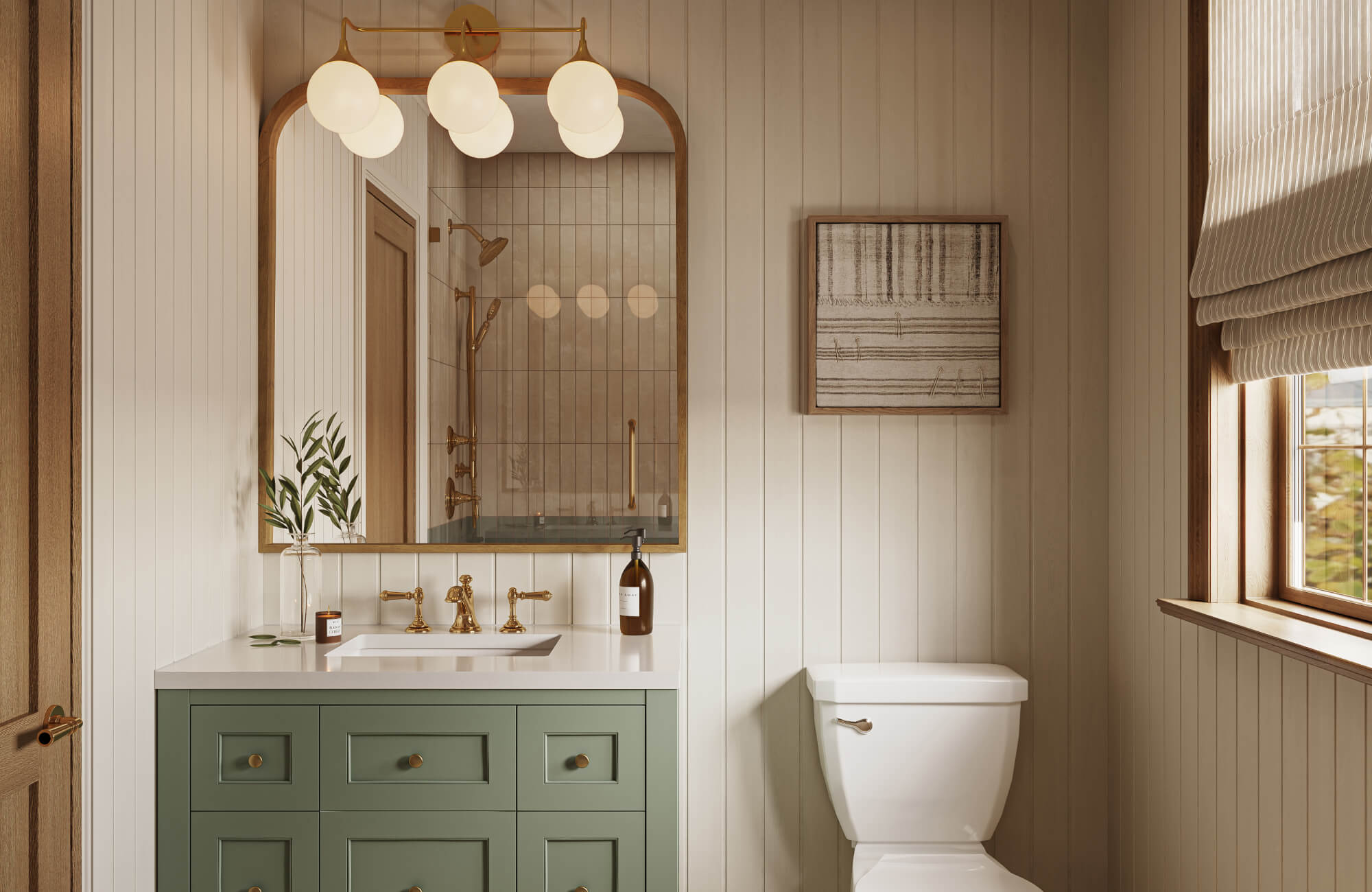 null Layered woven artwork framed in wood complements a bathroom with a green vanity, arched mirror, globe lighting, and warm brass accents.