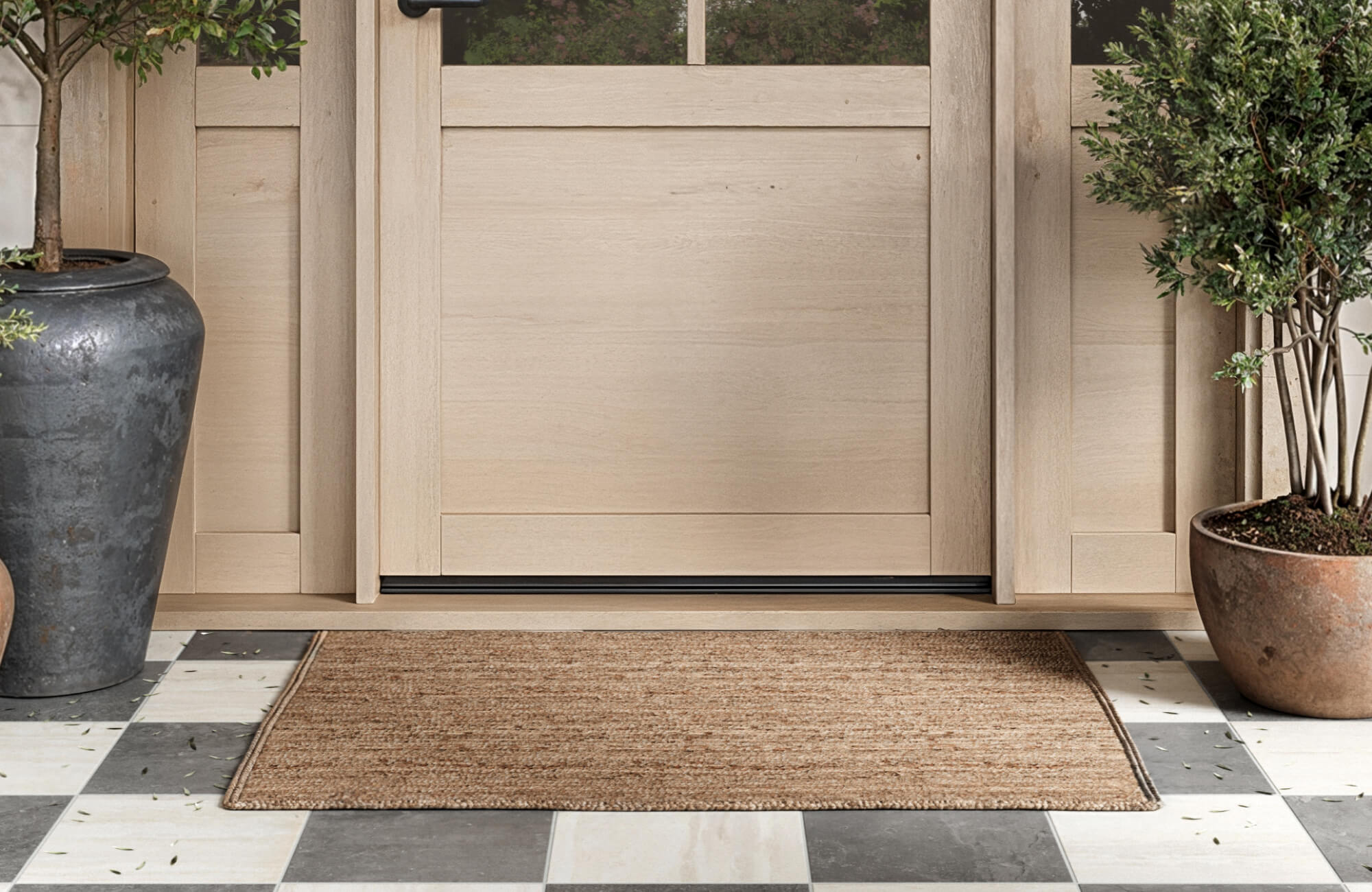 null Classic gray and cream checkerboard tiles enhanced by a natural woven rug for a welcoming entryway touch.