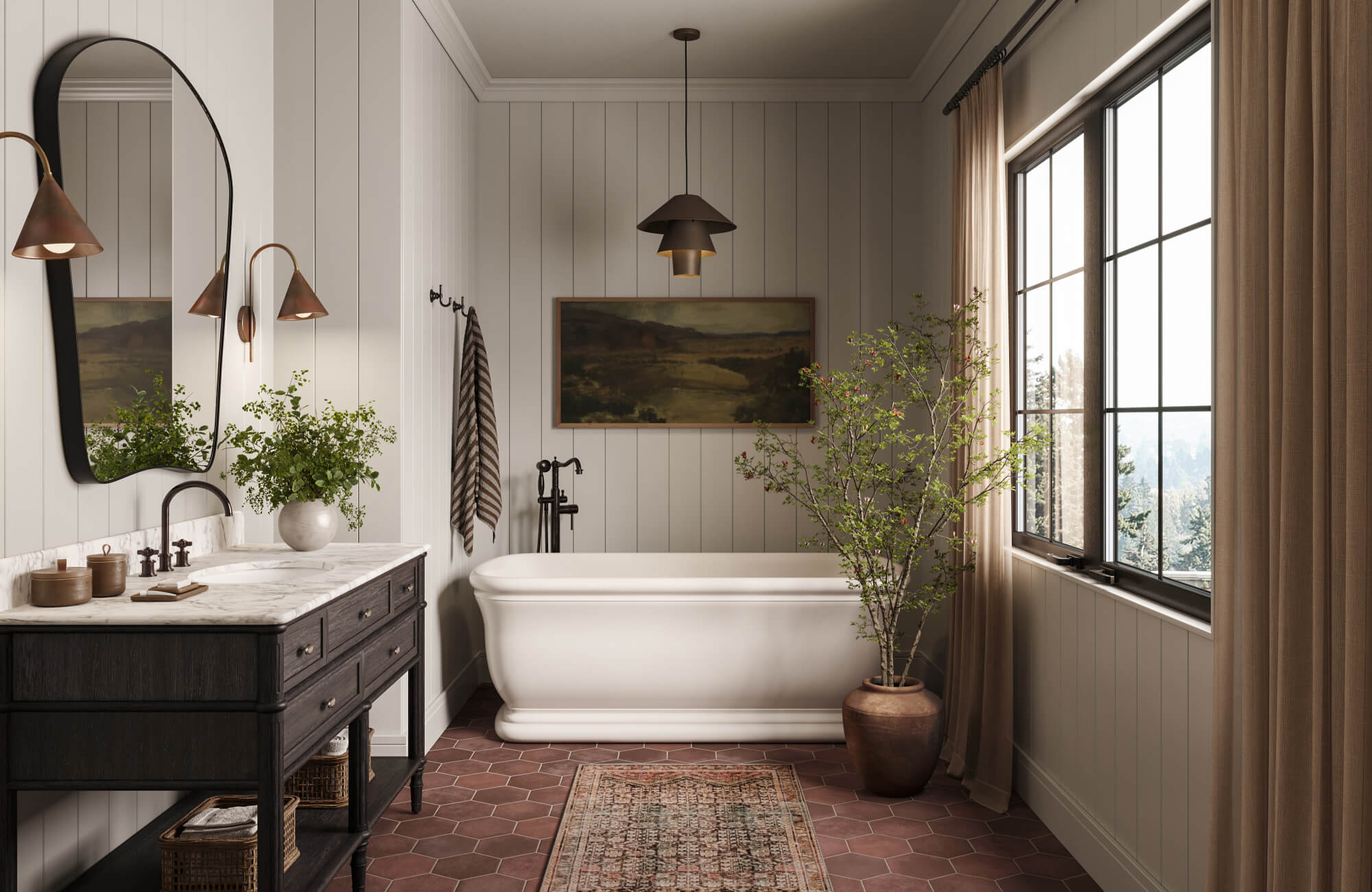 Neutral bathroom with a white freestanding tub, black vanity, marble countertop, rust hexagon floor tile, wall sconces, and a large brown floor vase with branches.
