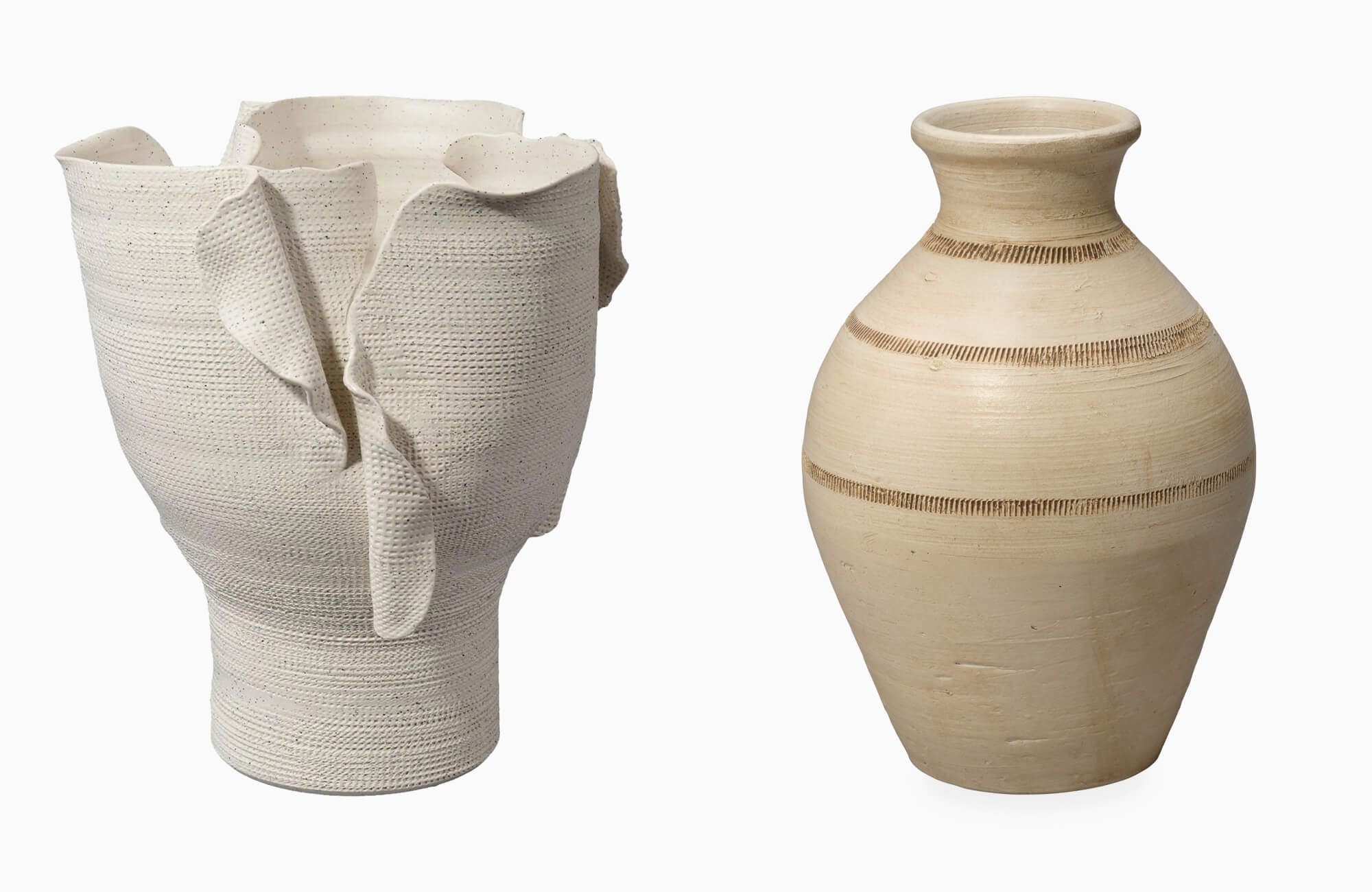 Two neutral ceramic decorative vases on a white background, one with a textured folded form and one with a rounded beige profile and carved line details.