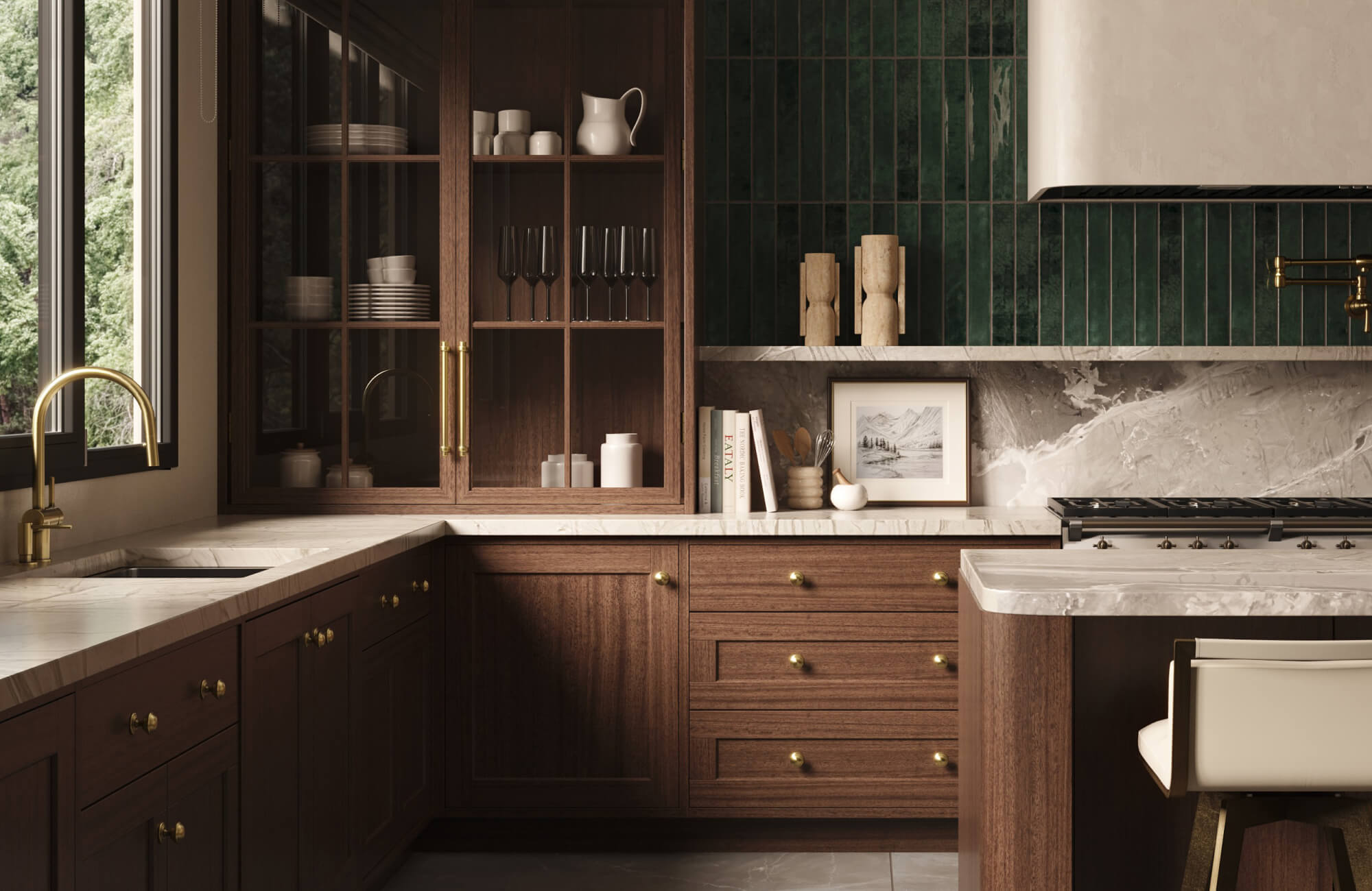 Warm kitchen with dark wood cabinetry, marble countertops, brass hardware, green vertical tile backsplash, and sculptural neutral decorative objects on the counter.