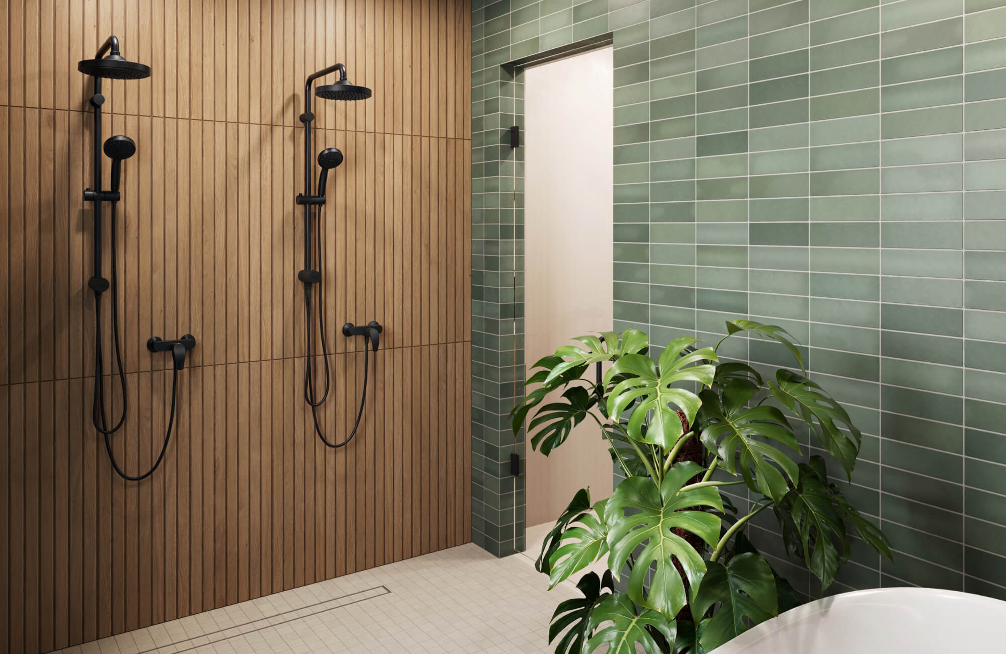 Spa-inspired shower with vertical slatted wood tiles, matte black fixtures, sage green ceramic tile wall and tropical monstera plant