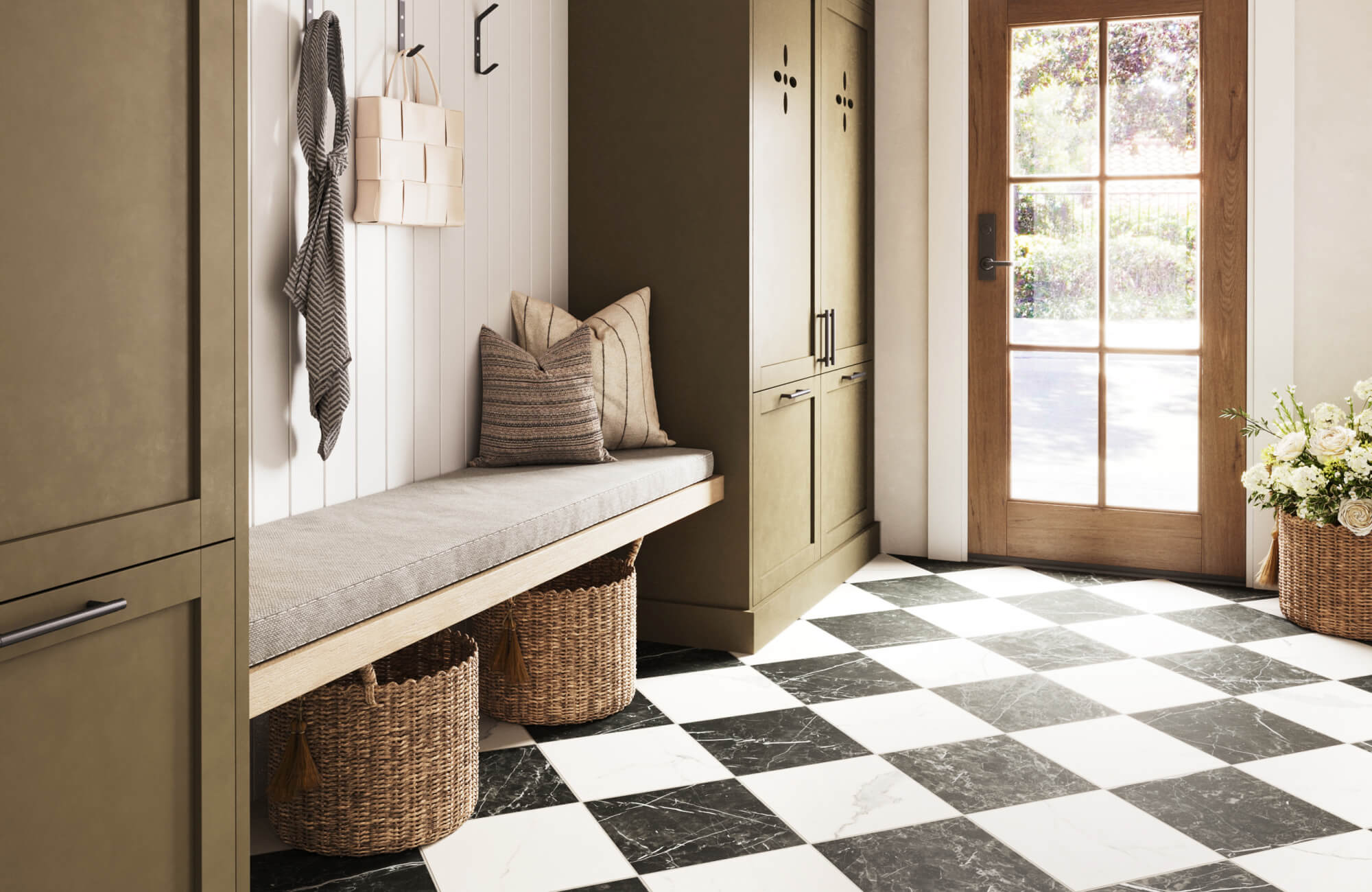 null Chic mudroom with an olive green cabinet, black and white checkered marble floor, white paneled walls, and a cozy built-in bench with storage.