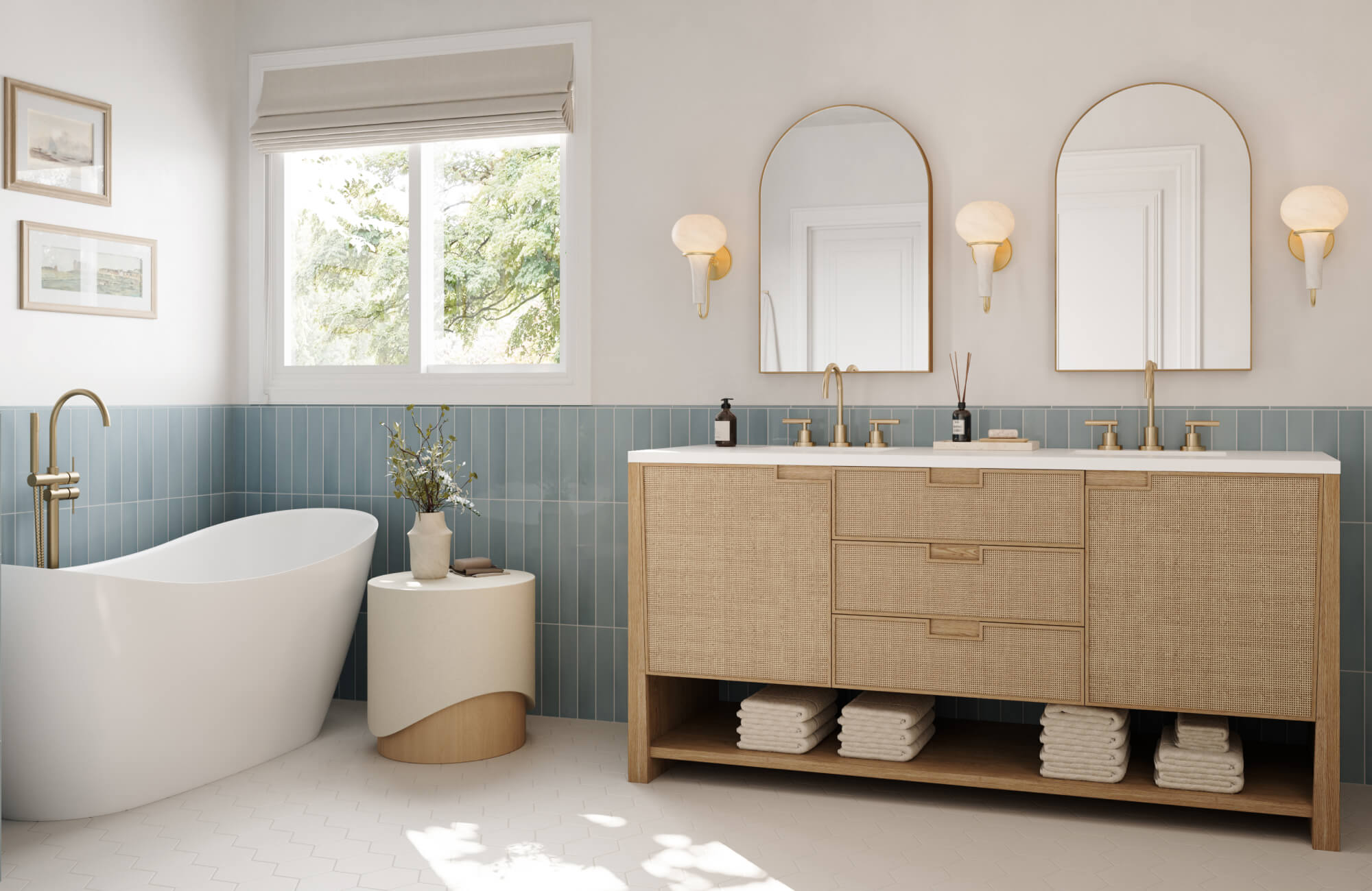 null Modern bathroom with glossy vertical blue ceramic tiles, double vanity in woven wood texture, brass fixtures, and a freestanding tub