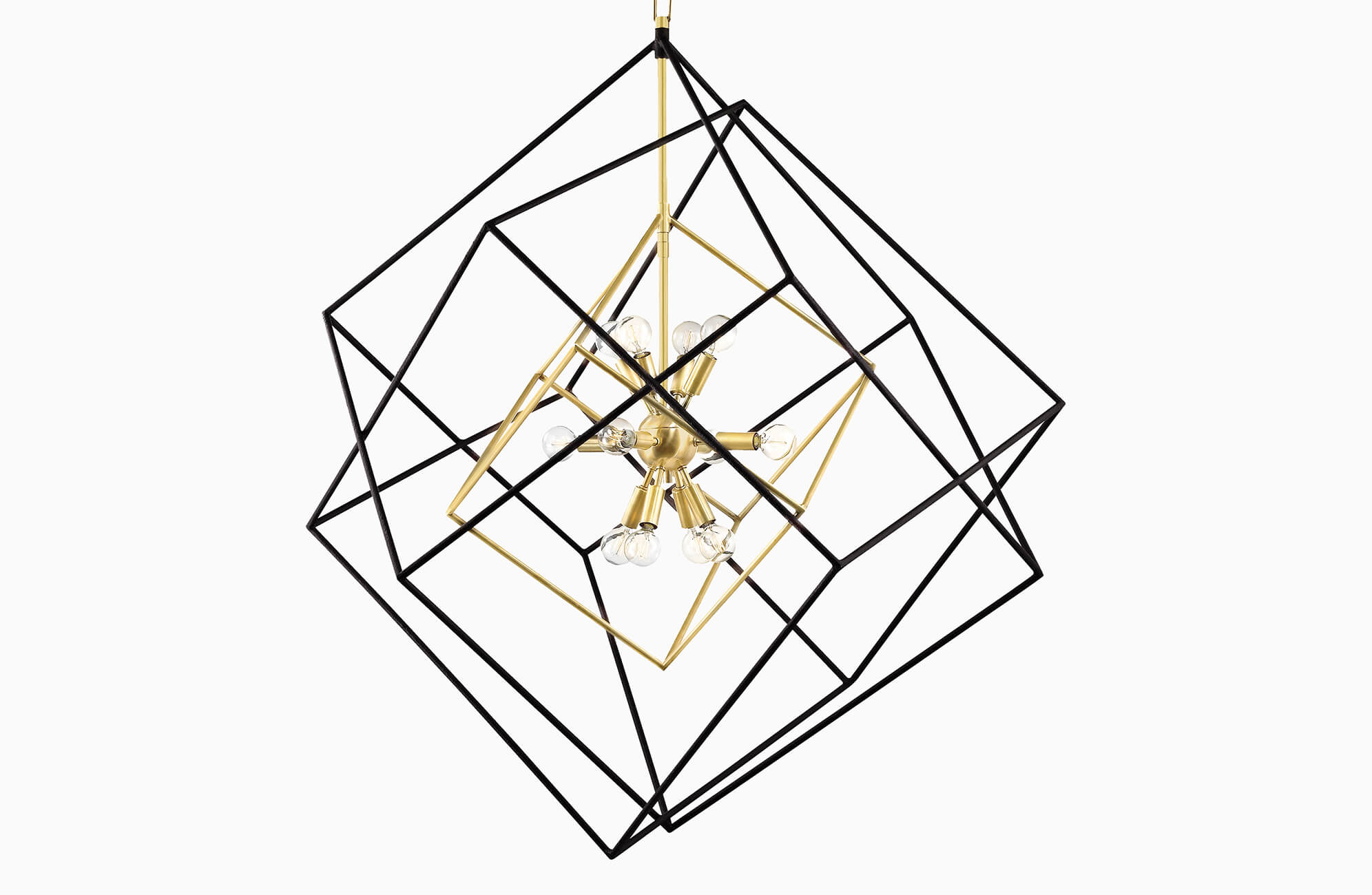 null Modern geometric chandelier featuring layered black metal cubes with a central gold frame and exposed light bulbs for a bold contemporary design.