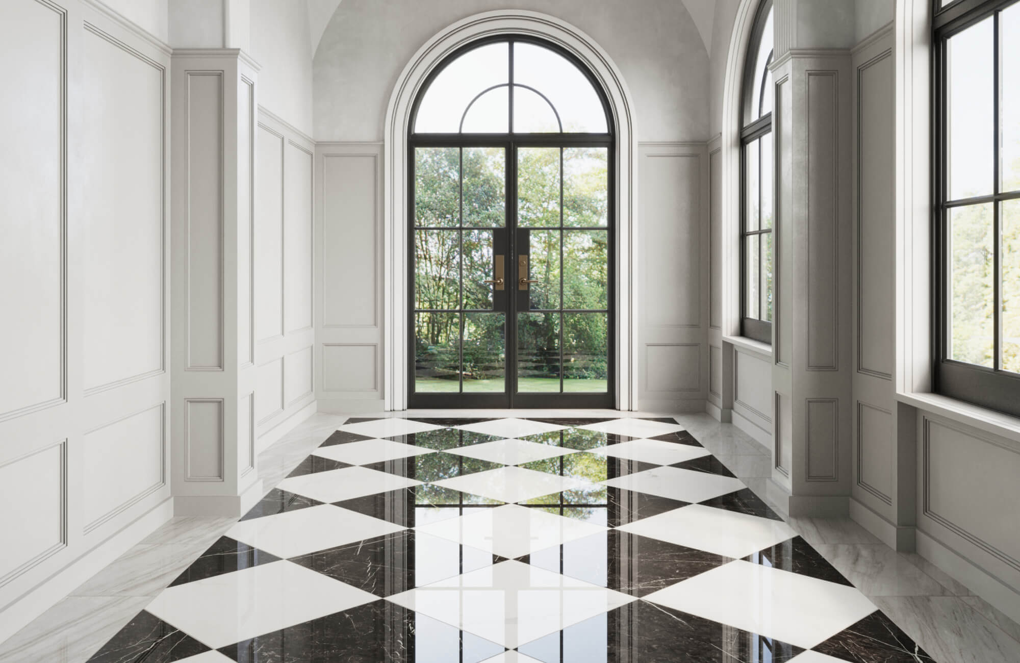 null Grand hallway with tall arched windows and an elegant black and white checkerboard marble floor reflecting the natural light.