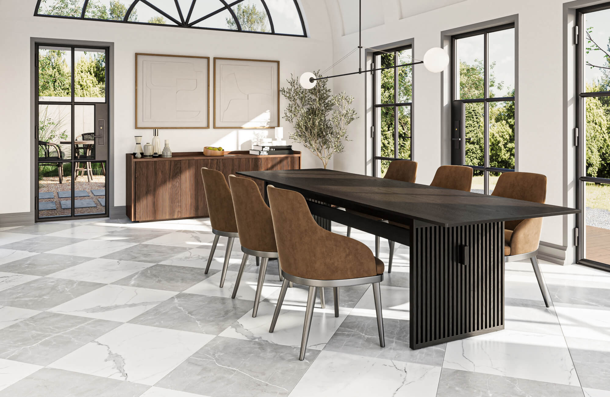 null Modern dining room with large windows, featuring elegant brown chairs and a sleek black table on a grey and white checkerboard marble-look floor.