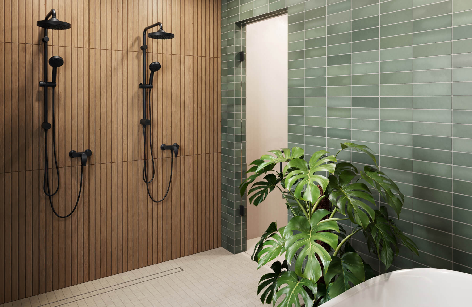 null Wood-paneled shower walls complement the horizontally stacked moss green subway tiles, matte black fixtures, and a tropical plant for a natural, spa-like atmosphere.