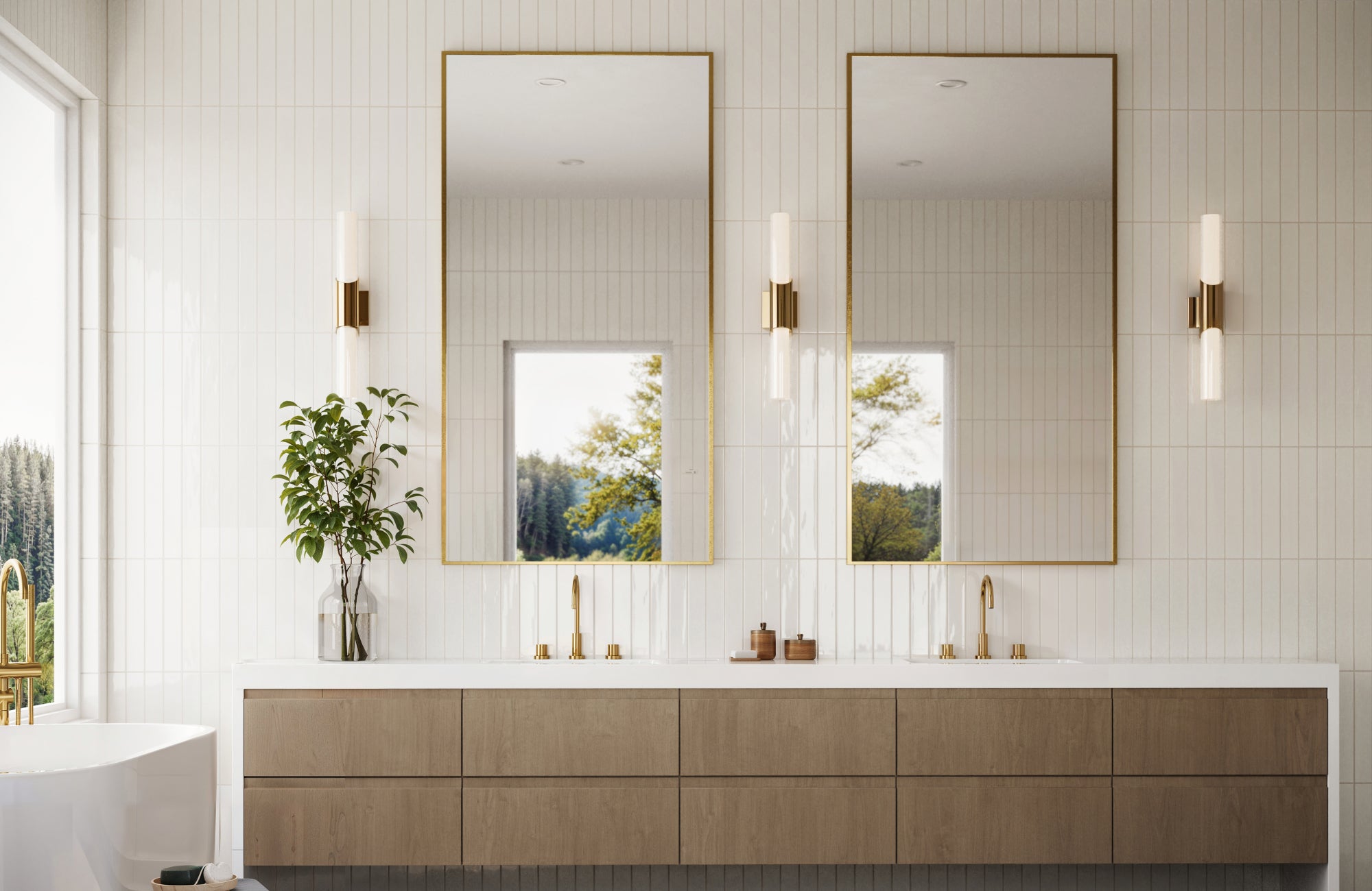 Glossy white subway tiles with matching white grout deliver a seamless, spa-inspired finish in this bright bathroom.