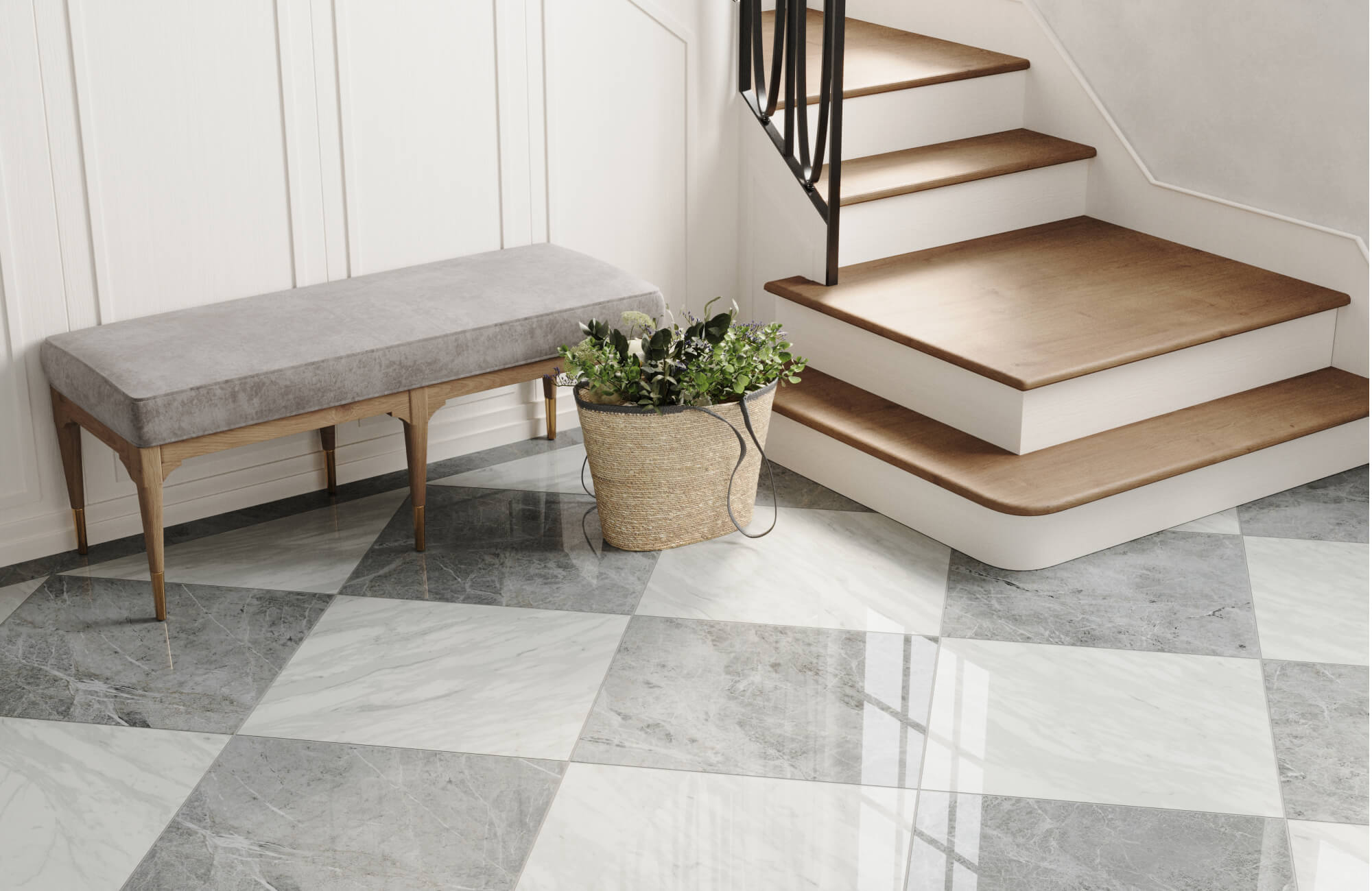 Elegant entryway featuring large porcelain tiles in a diagonal checkerboard pattern with a gray and white marble-look surface, accented by fine, color-matched grout lines that create a seamless transition between the contrasting stone surfaces, complemented by a wooden staircase and a stylish bench.