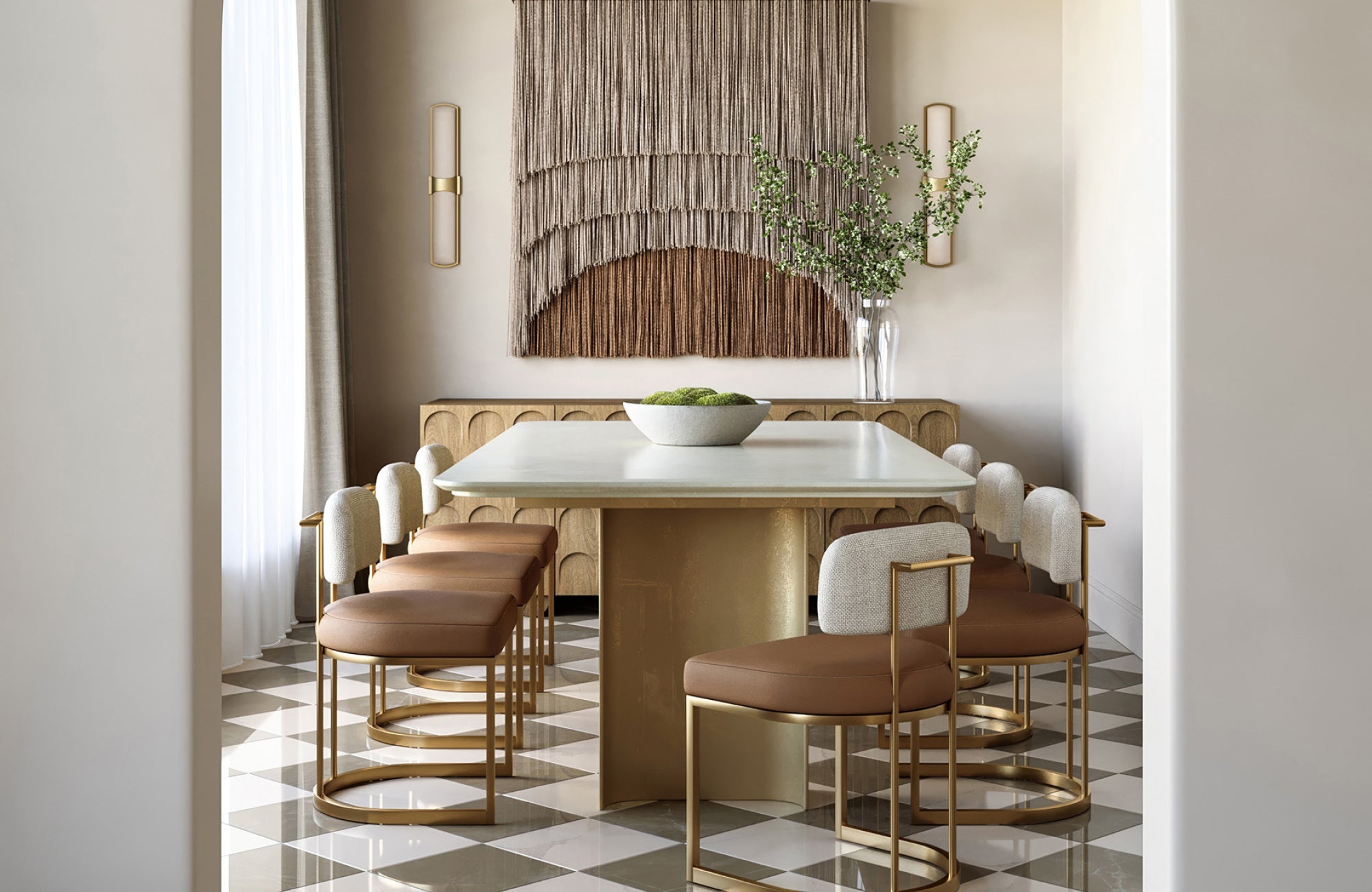null Vertical sconces with metal framing highlight a woven wall hanging in a modern dining room with an arched entry and checkered floors.