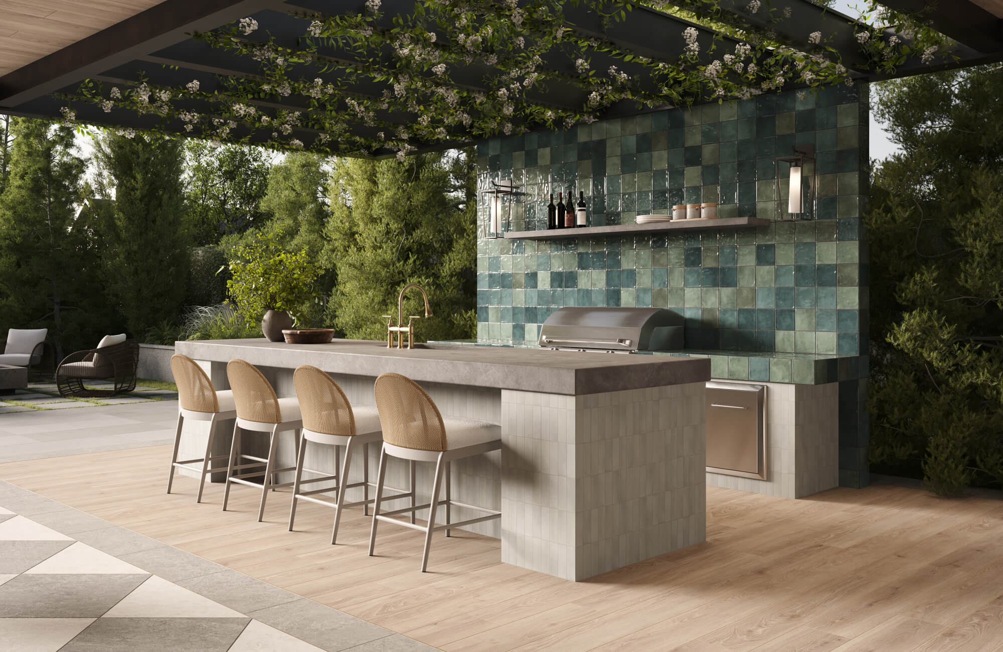 null Covered outdoor kitchen with woven counter stools, a concrete island, green square tile backsplash, and pale wood-look flooring.