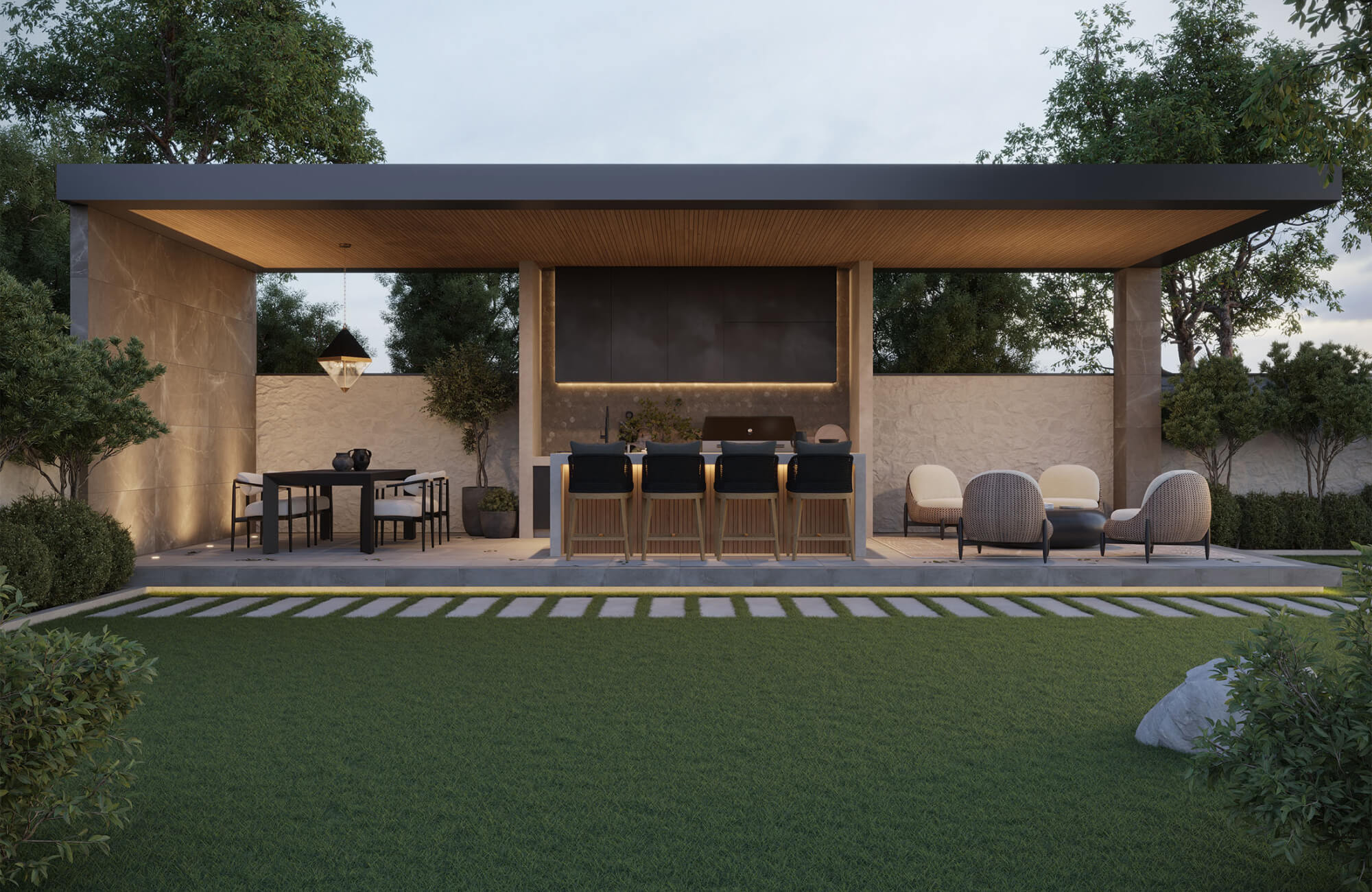 null Modern covered patio with outdoor bar stools, lounge chairs, a dining area, stone pavers, and a landscaped lawn.
