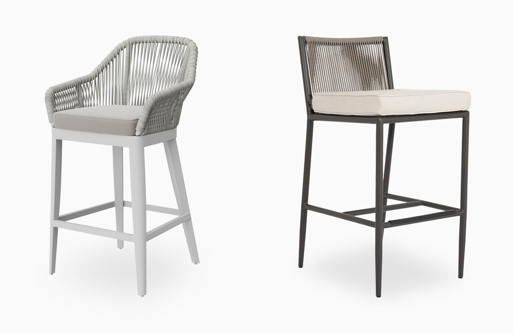 null Two outdoor bar stools with cushioned seats, woven backs, metal frames, footrests, and contrasting light and dark finishes.