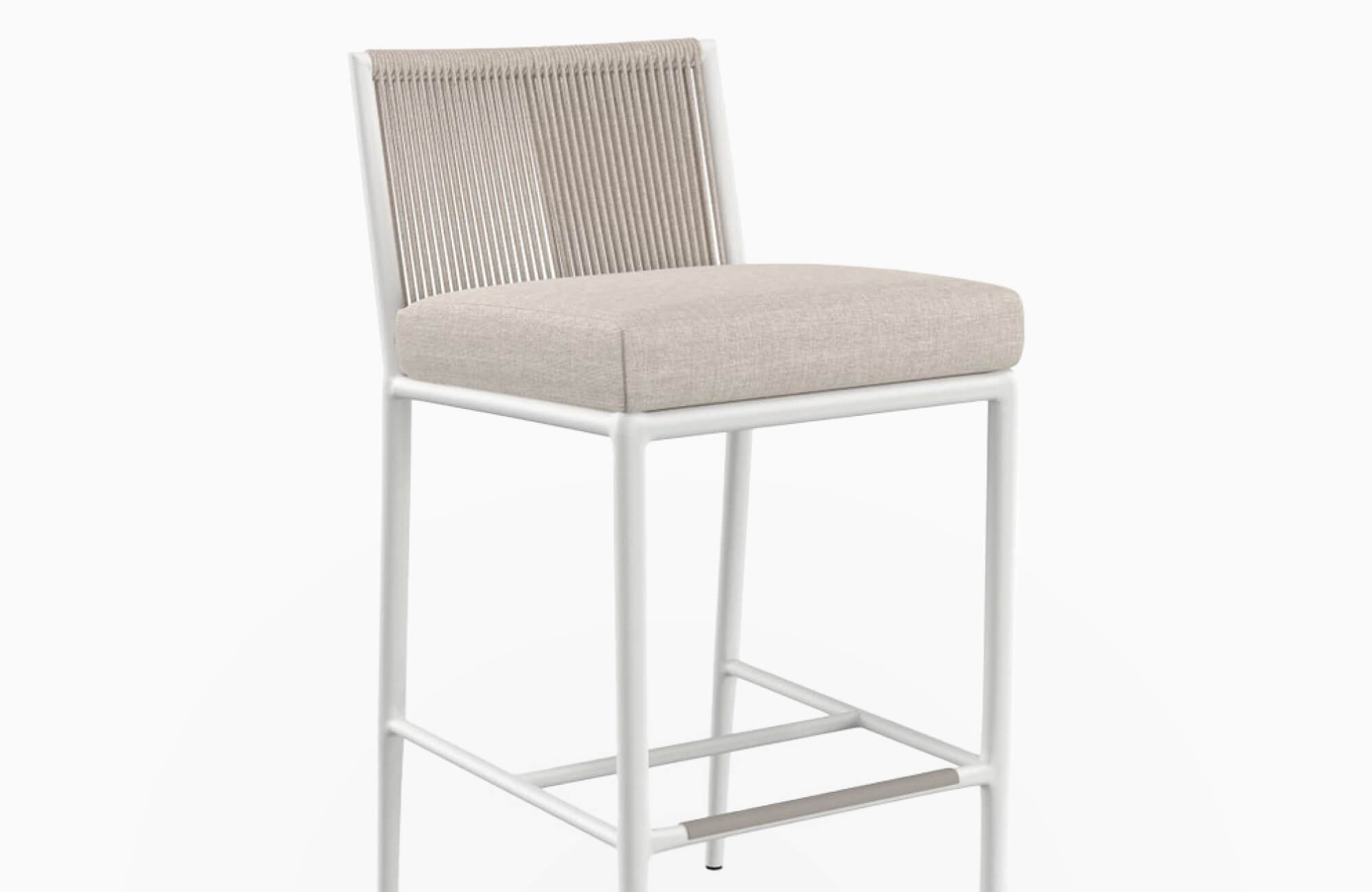 null White outdoor counter stool with a light cushion, woven back, slim frame, and front footrest on a clean white background.