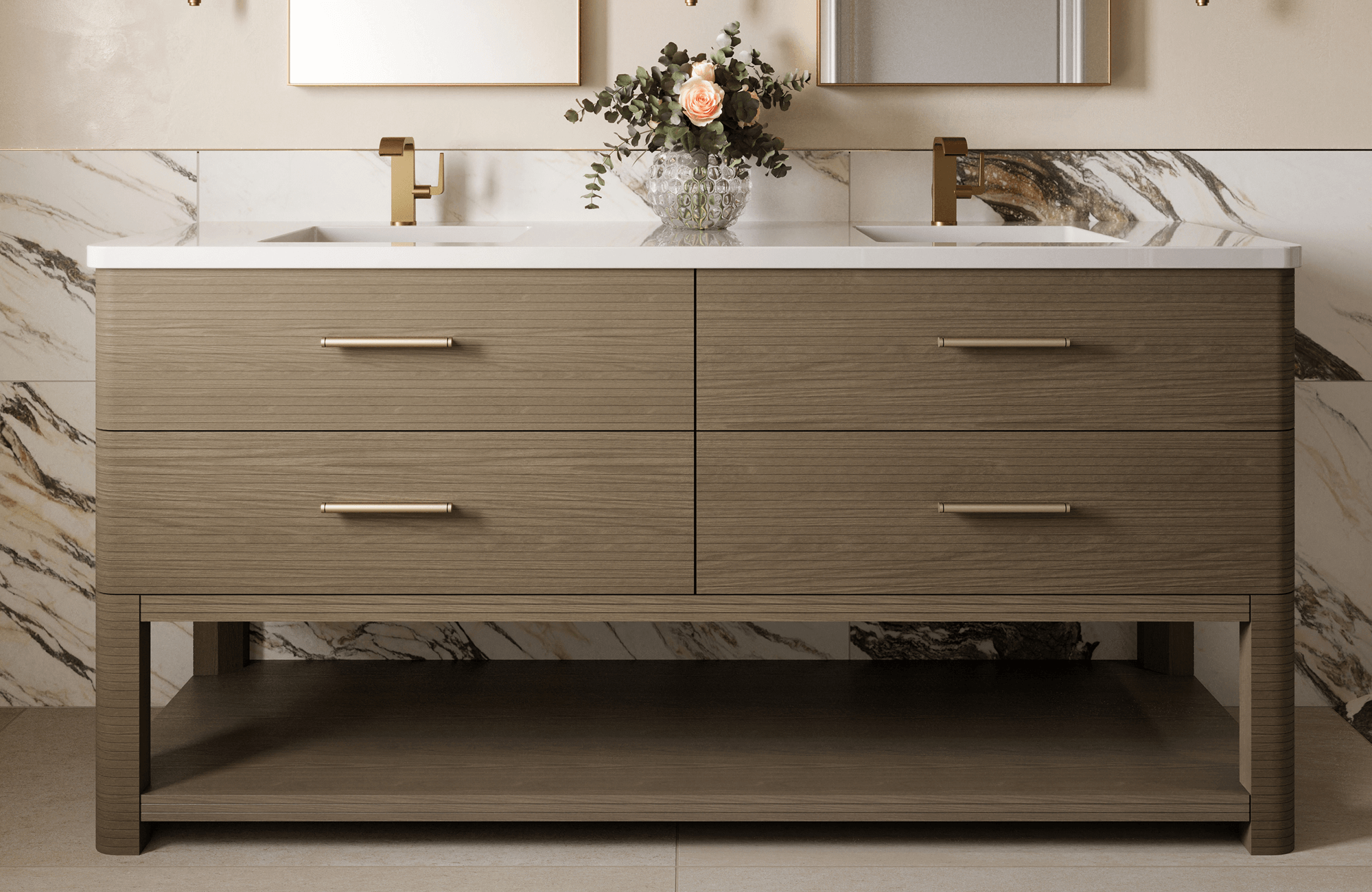 Contemporary bathroom vanity with wood grain finish, gold hardware, and marble look ceramic tile backsplash.