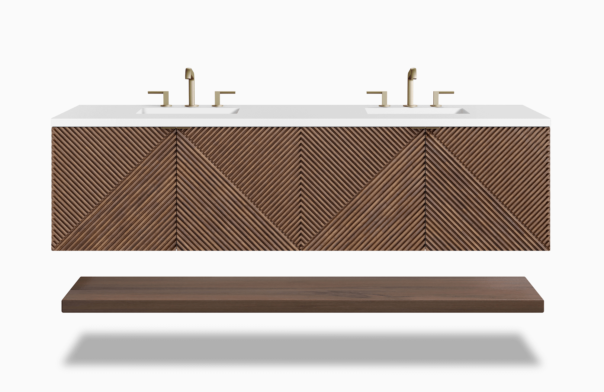 Modern double sink vanity with white countertop and textured walnut front in a geometric chevron pattern.