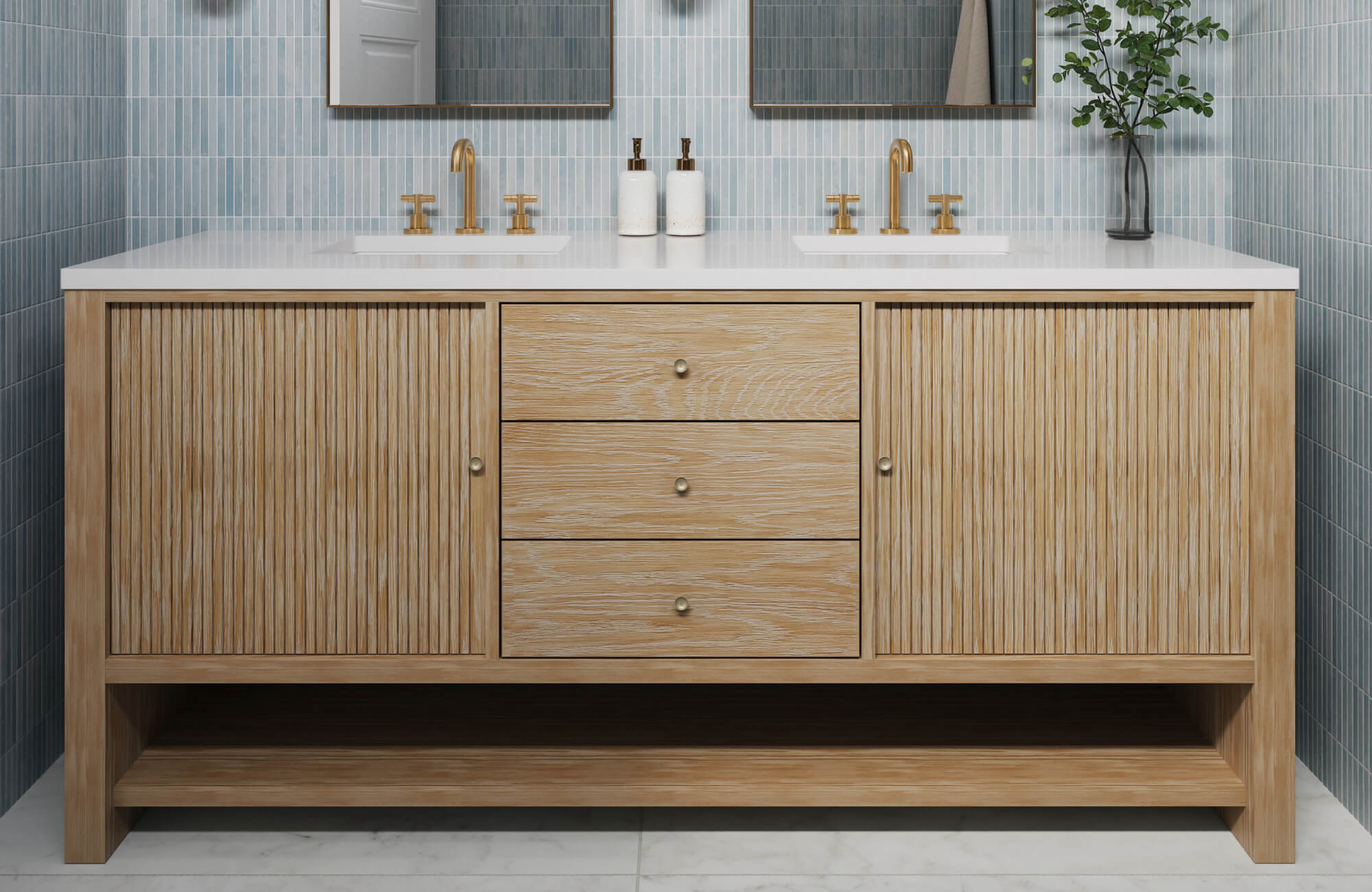 Natural wood vanity with fluted doors contrasts beautifully with vertical sky-blue ceramic wall tiles and gold fixtures.