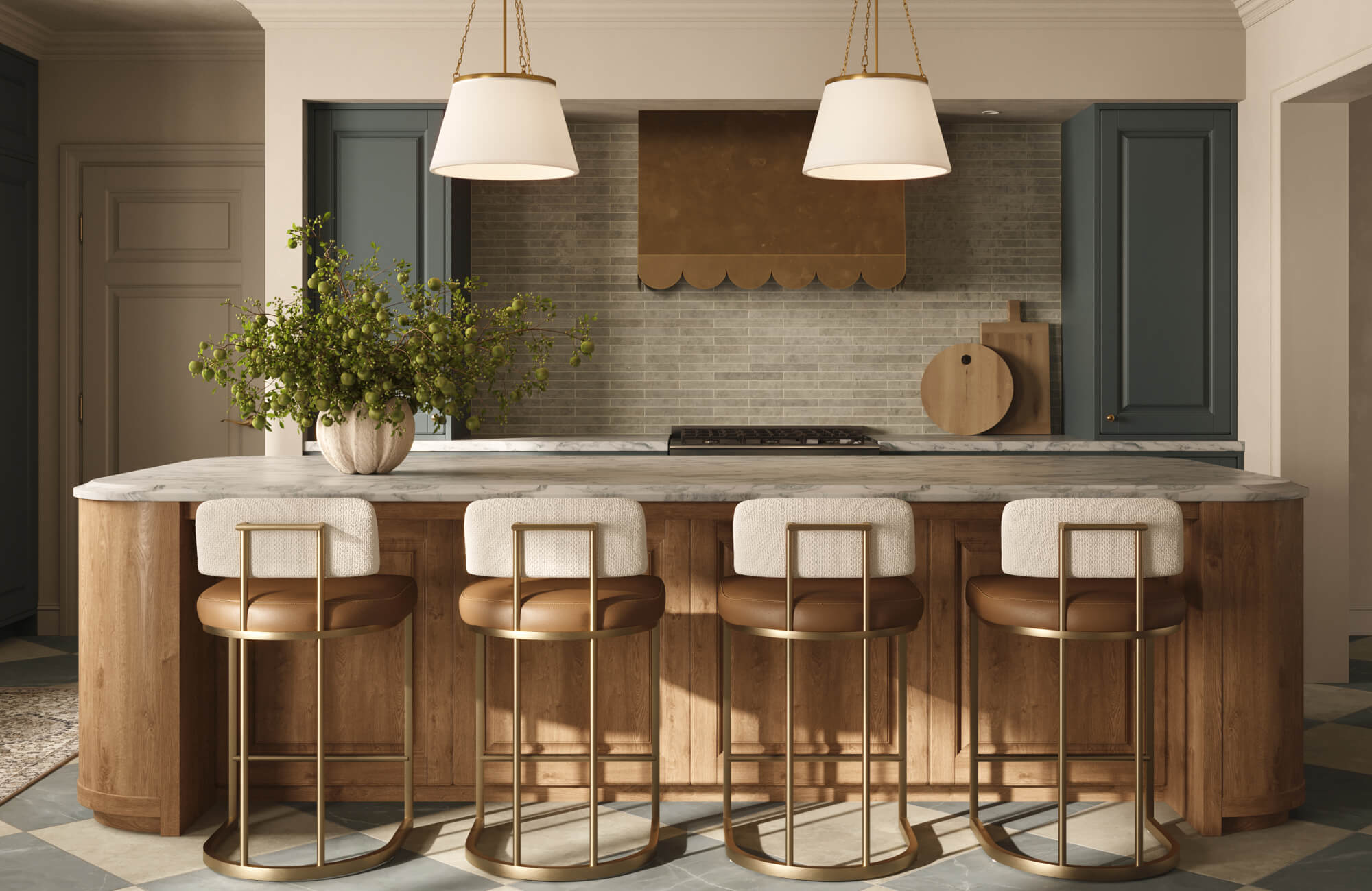 null Warm, inviting kitchen featuring a marble-topped island paired with a counter height dining set of four upholstered stools with brass frames, complemented by rich wood cabinetry, muted green accents, and soft pendant lighting.
