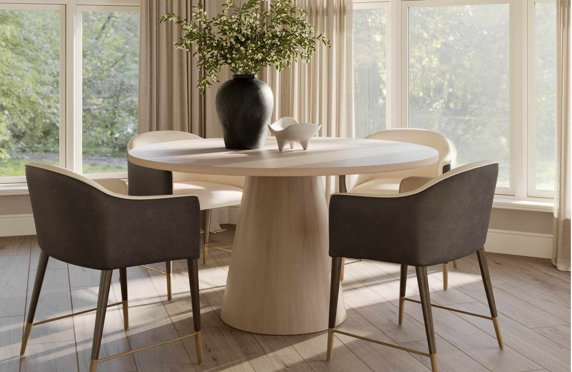 null Bright, airy dining nook featuring a sculptural round dining table with curved upholstered chairs, enhanced by floor-to-ceiling windows, soft neutral tones, and natural light.