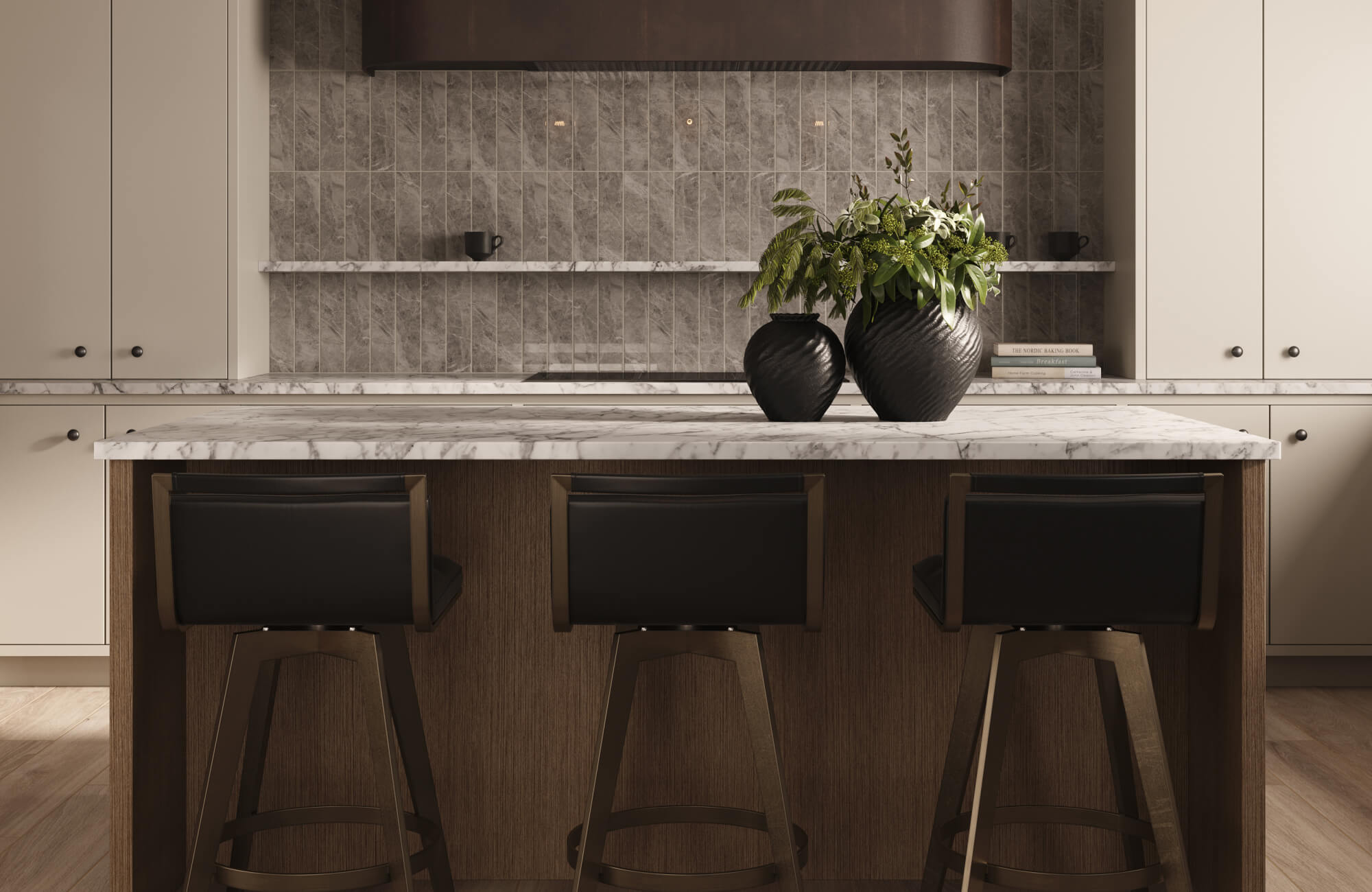 null Moody, contemporary kitchen showcasing a marble waterfall island styled as a counter height dining set with three sleek bar stools, accented by warm wood cabinetry, textured stone tile backsplash, and minimalist décor.