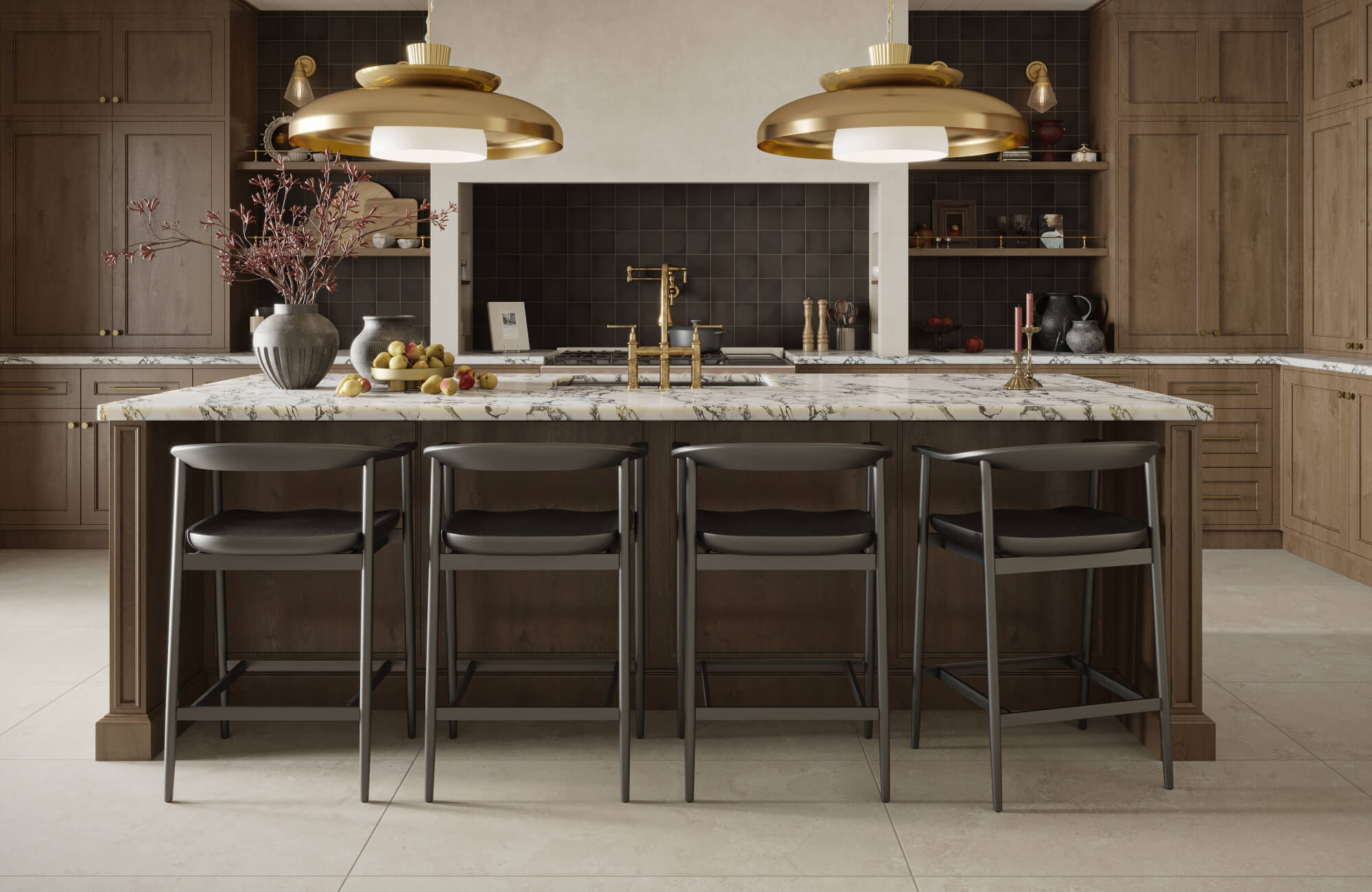 null Elegant, statement-making kitchen featuring a marble-topped island styled as a counter height dining set with four streamlined stools, complemented by warm wood cabinetry, dramatic black tile backsplash, and sculptural brass pendant lighting.
