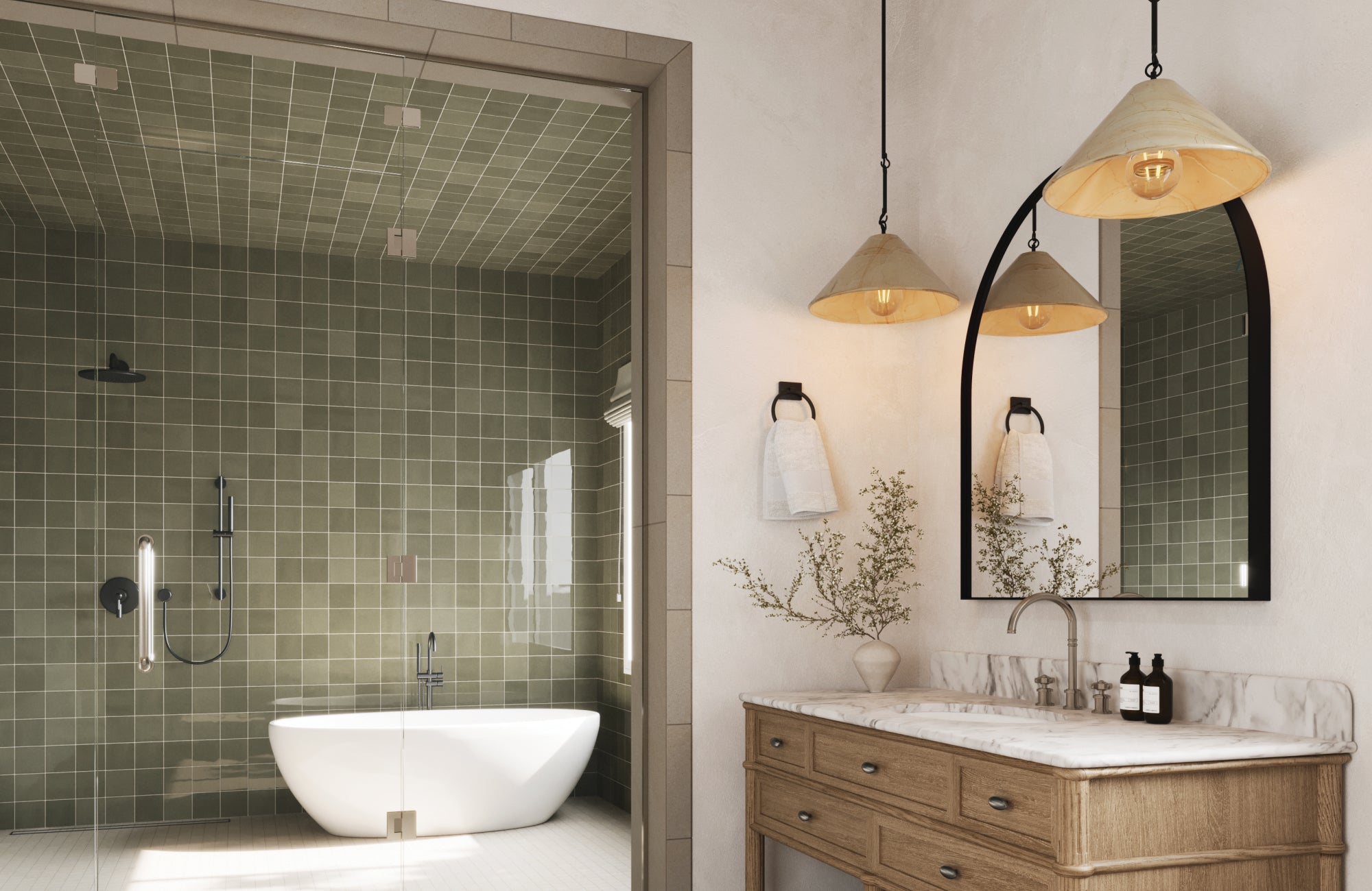 null Black-framed arch mirror with marble countertop and gold pendant lights in a warm, modern bath setting