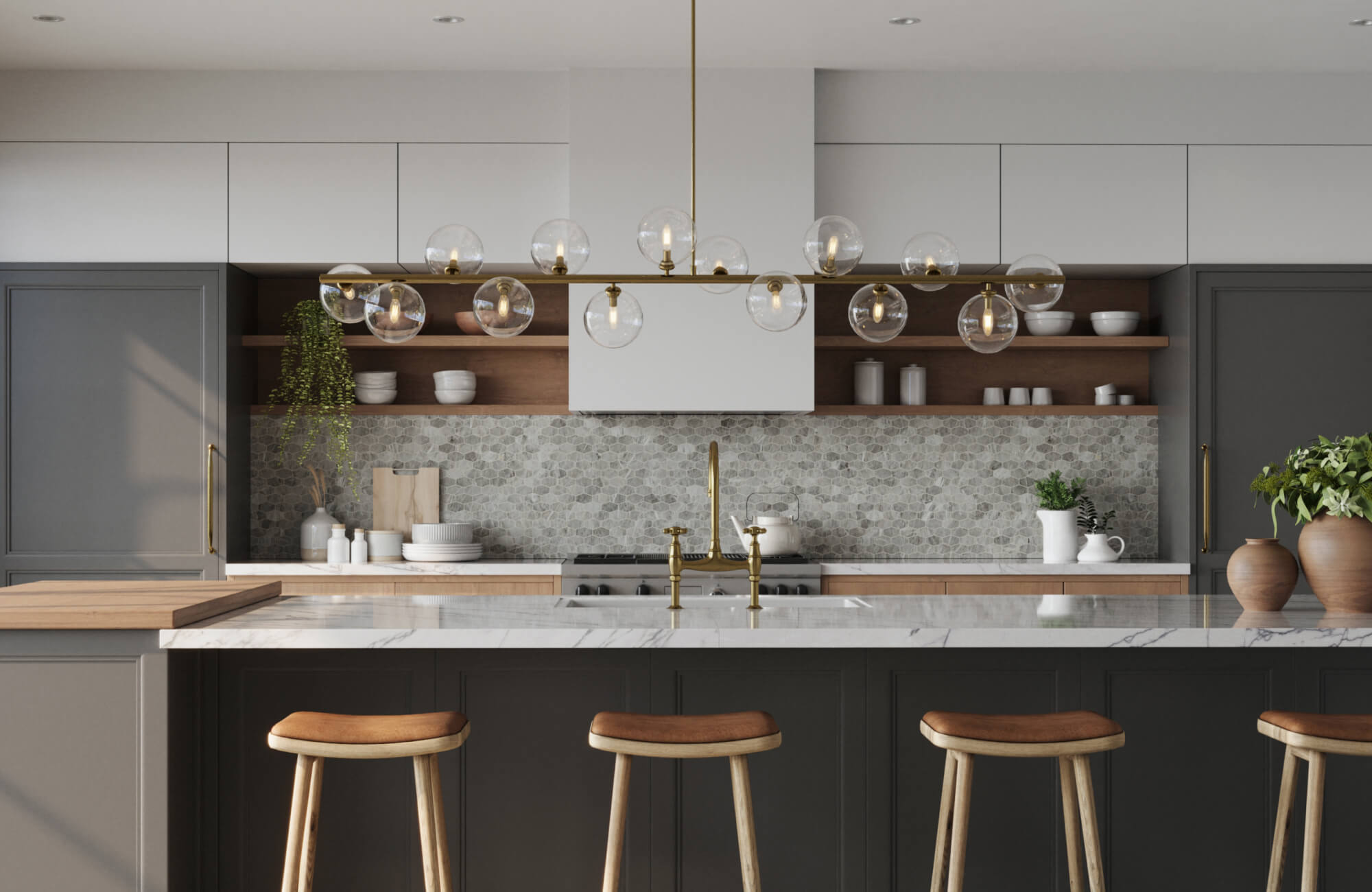 Modern kitchen with a marble island, globe chandelier, and a gray mosaic tile backsplash framed by warm wood accents.