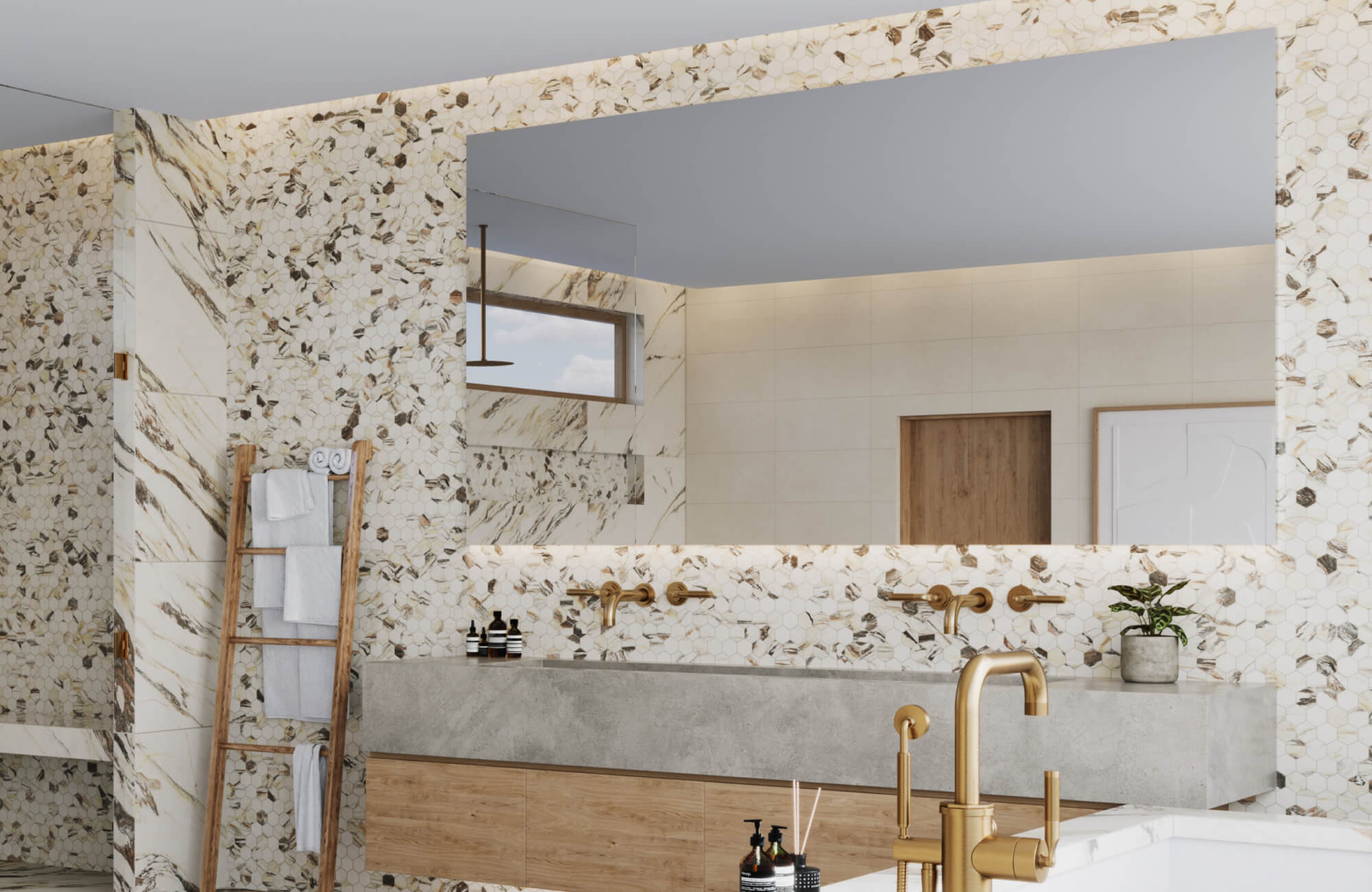 Contemporary bathroom with full-wall hexagon mosaic tile, a large frameless mirror, a floating concrete vanity, and gold fixtures.