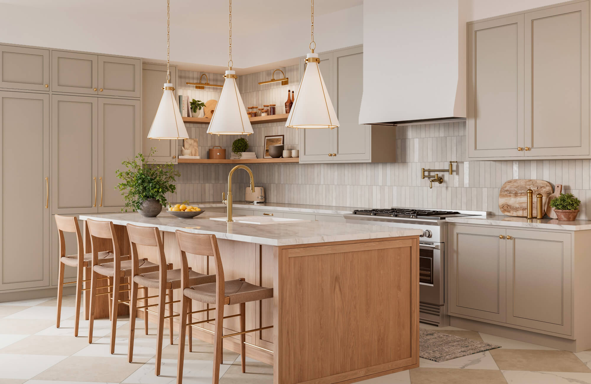 null Modern kitchen with warm pendant lights illuminating a marble island, wood cabinetry, and neutral beige tile backsplash.