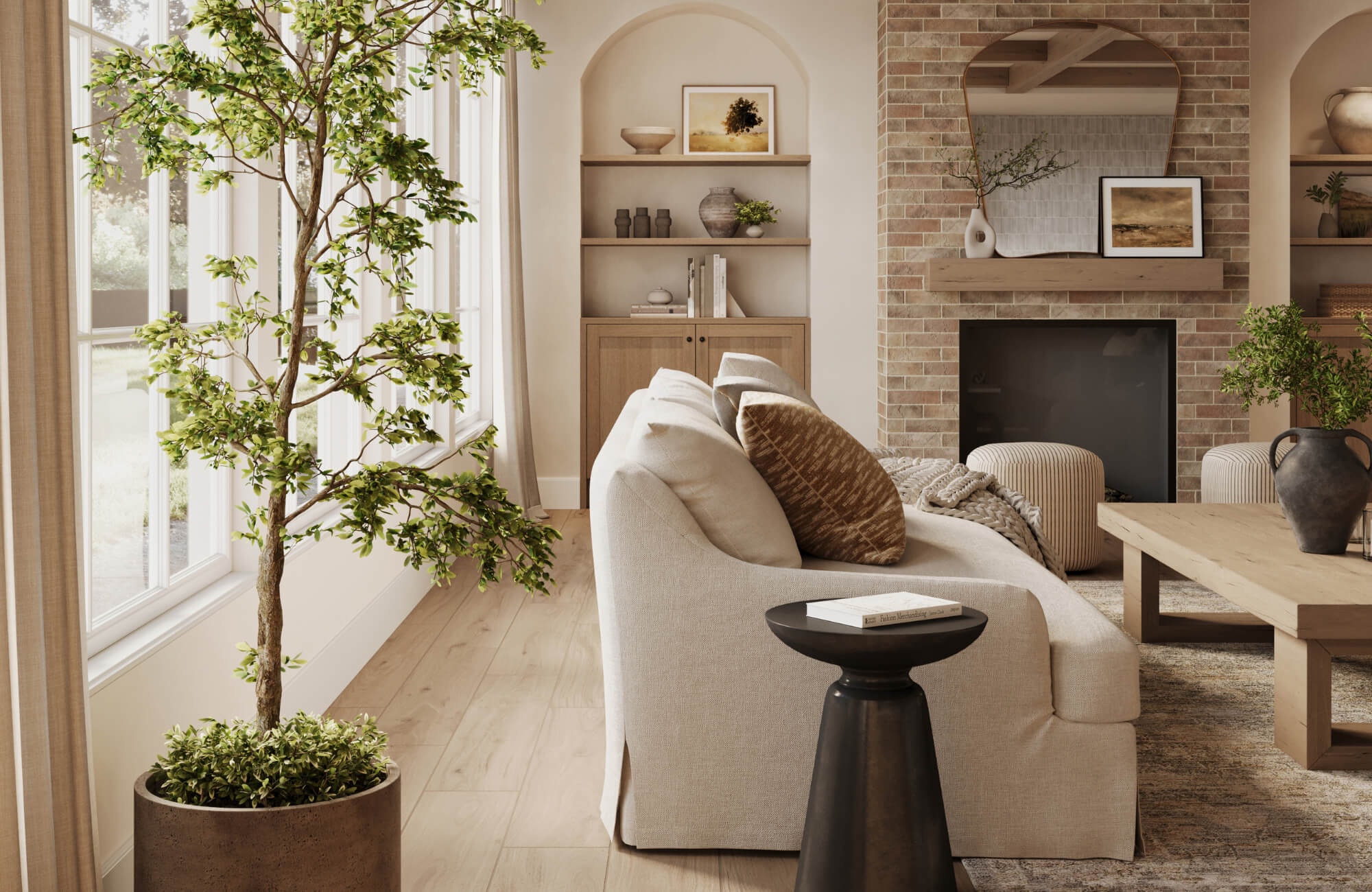 Living room with neutral sofa and accent pillows, styled for depth and balance, complemented by natural light and warm wood elements.