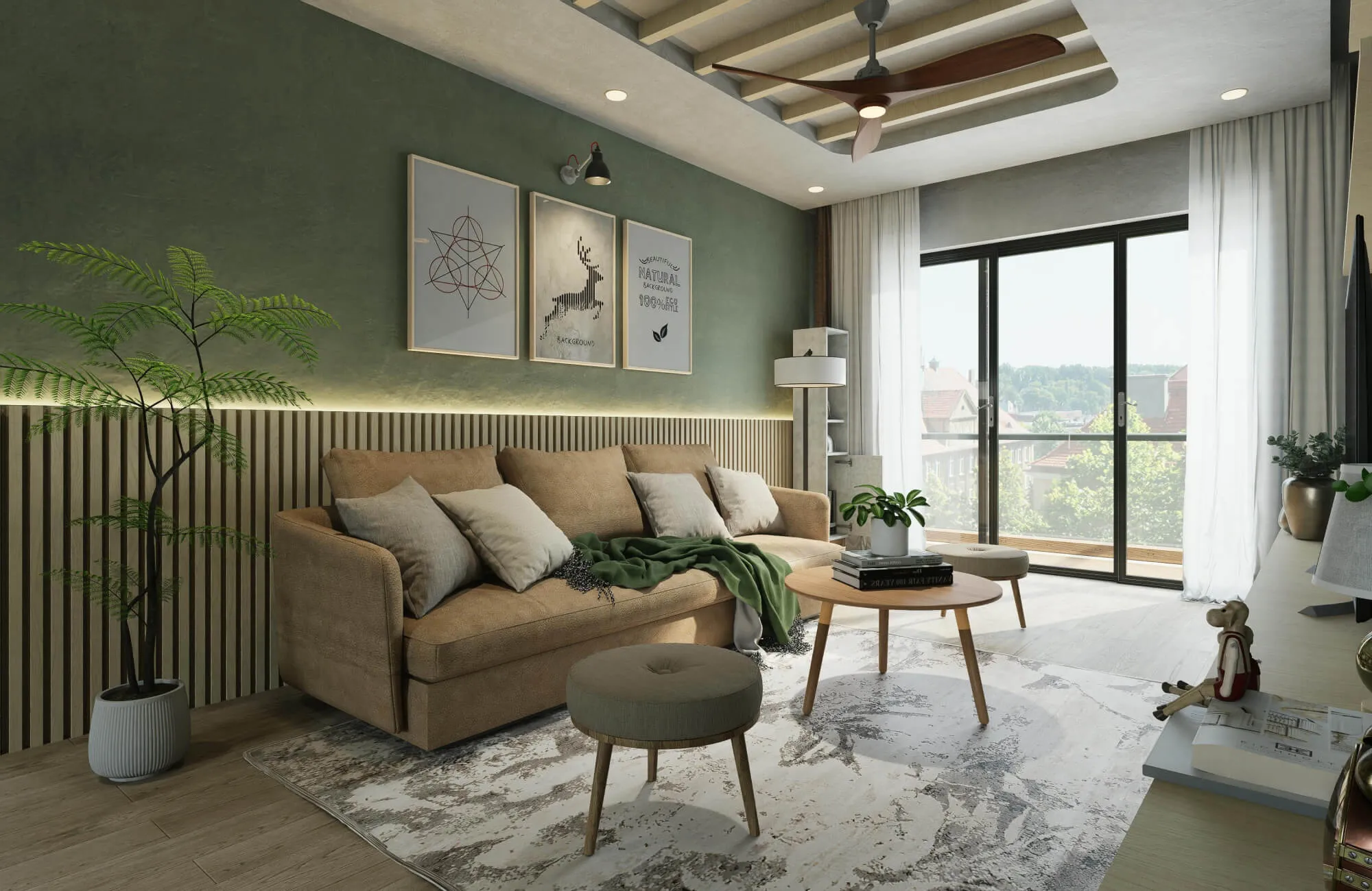 Modern living room with a neutral sofa and a trio of framed artworks above it, demonstrating the 2/3 rule by spanning a balanced portion of the seating width for a cohesive look.