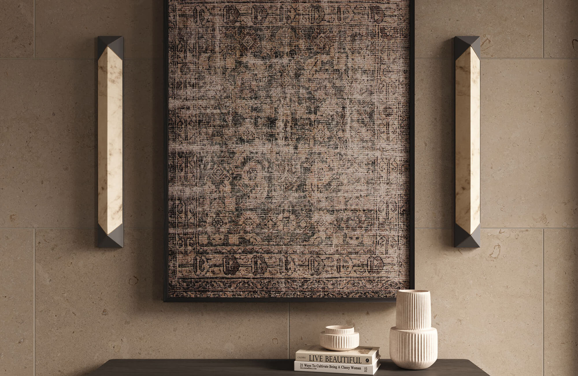 null Console table styled against a textured wall with a large framed artwork centered above, illustrating how a single piece can follow the 2/3 rule to create a grounded, proportional arrangement.