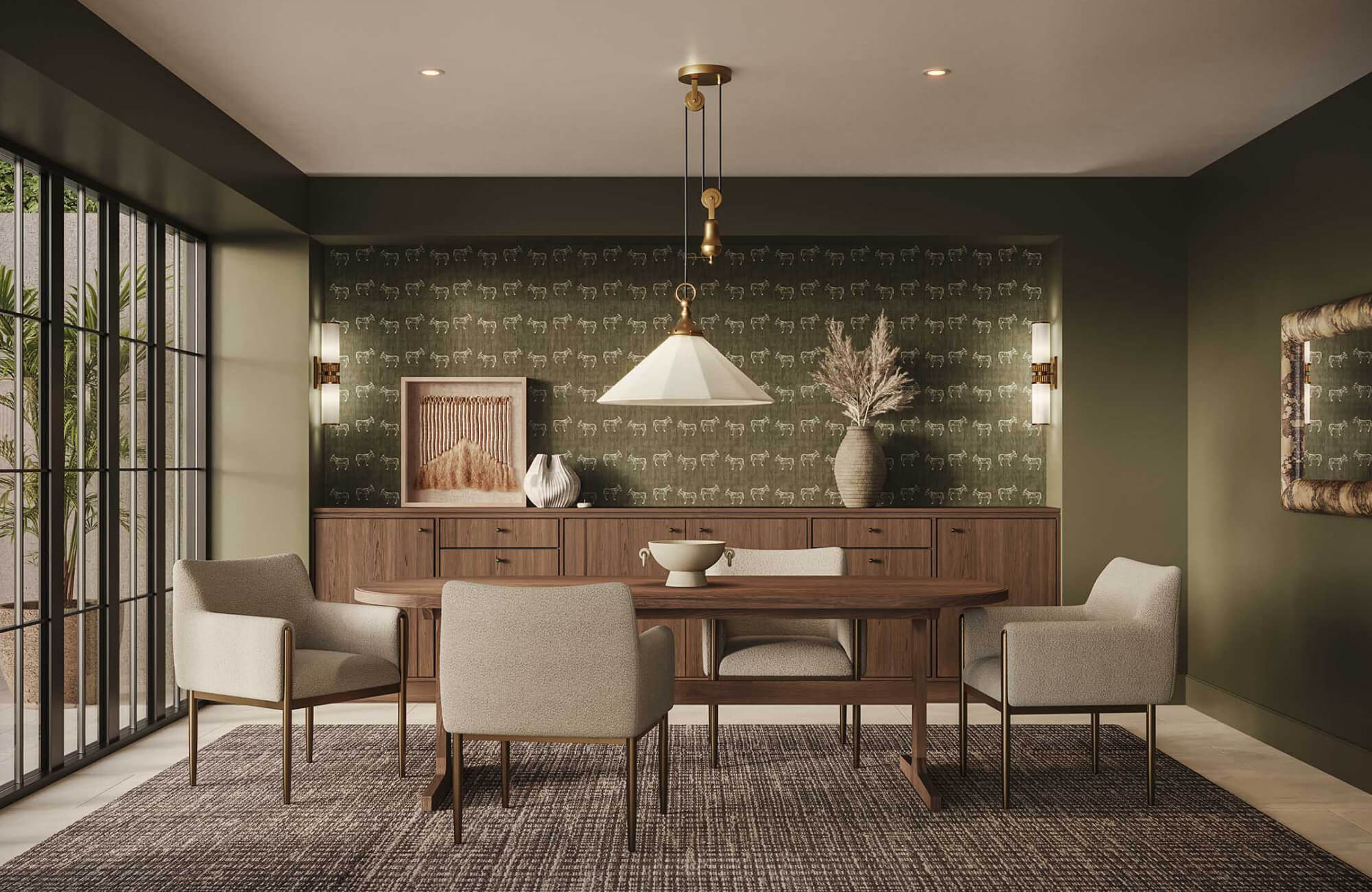 null Dining room with a long sideboard and a centered artwork composition, showing how the 2/3 rule can be adapted to wider furniture for a balanced and intentional display.