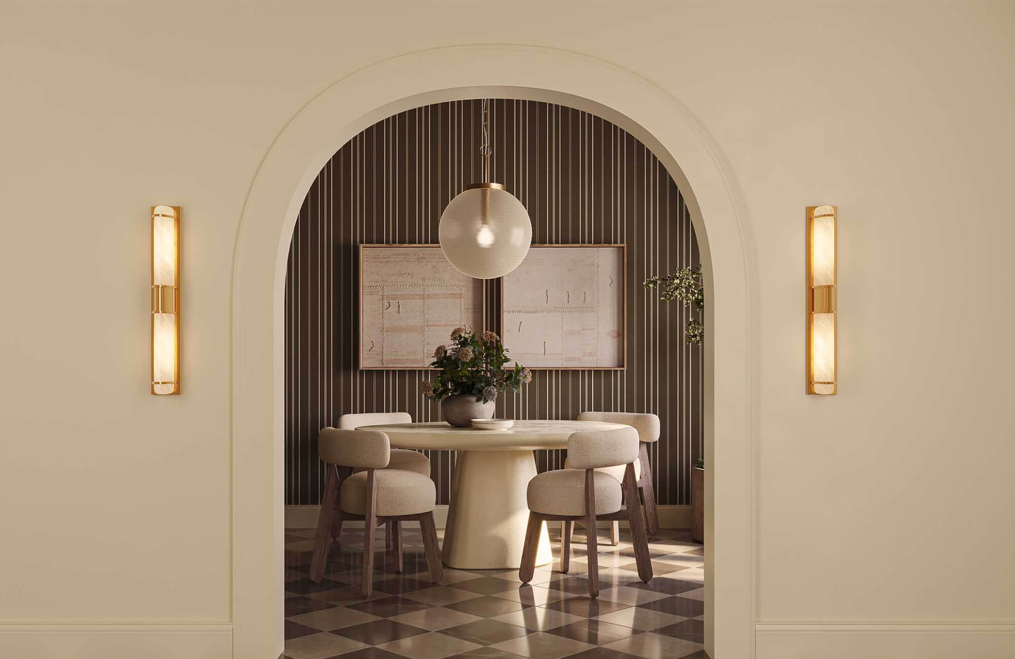 null Arched dining nook with symmetrical seating and artwork placed at an ideal height, reinforcing proper alignment and proportion in relation to the furniture below.