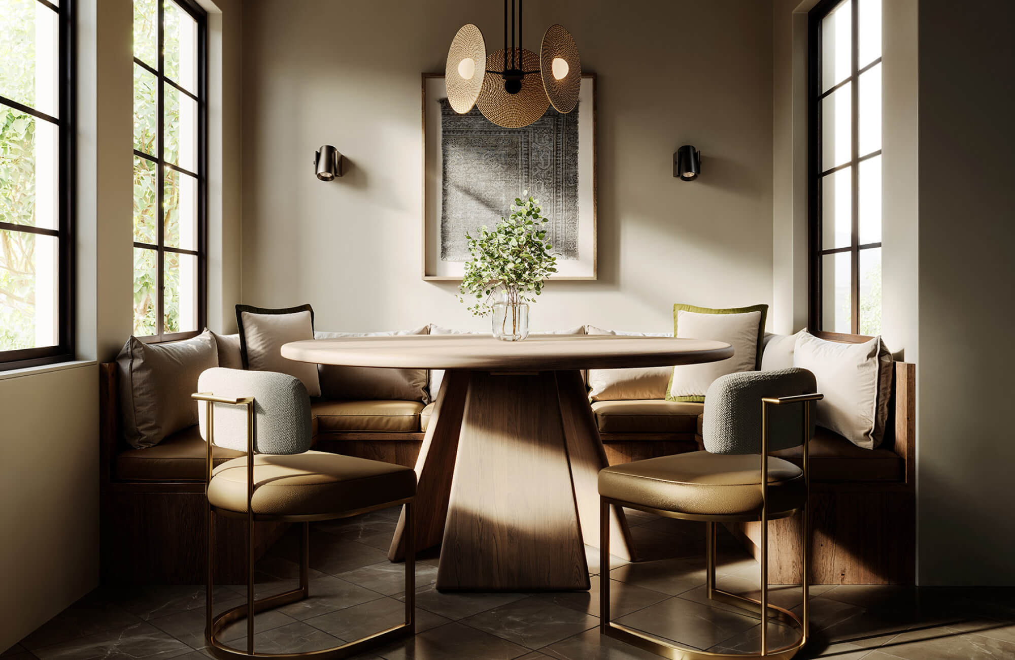 null Sunlit breakfast nook with built-in seating and a centered artwork above the table, showing how the 2/3 rule can be flexibly applied to create a cohesive and well-proportioned focal point.