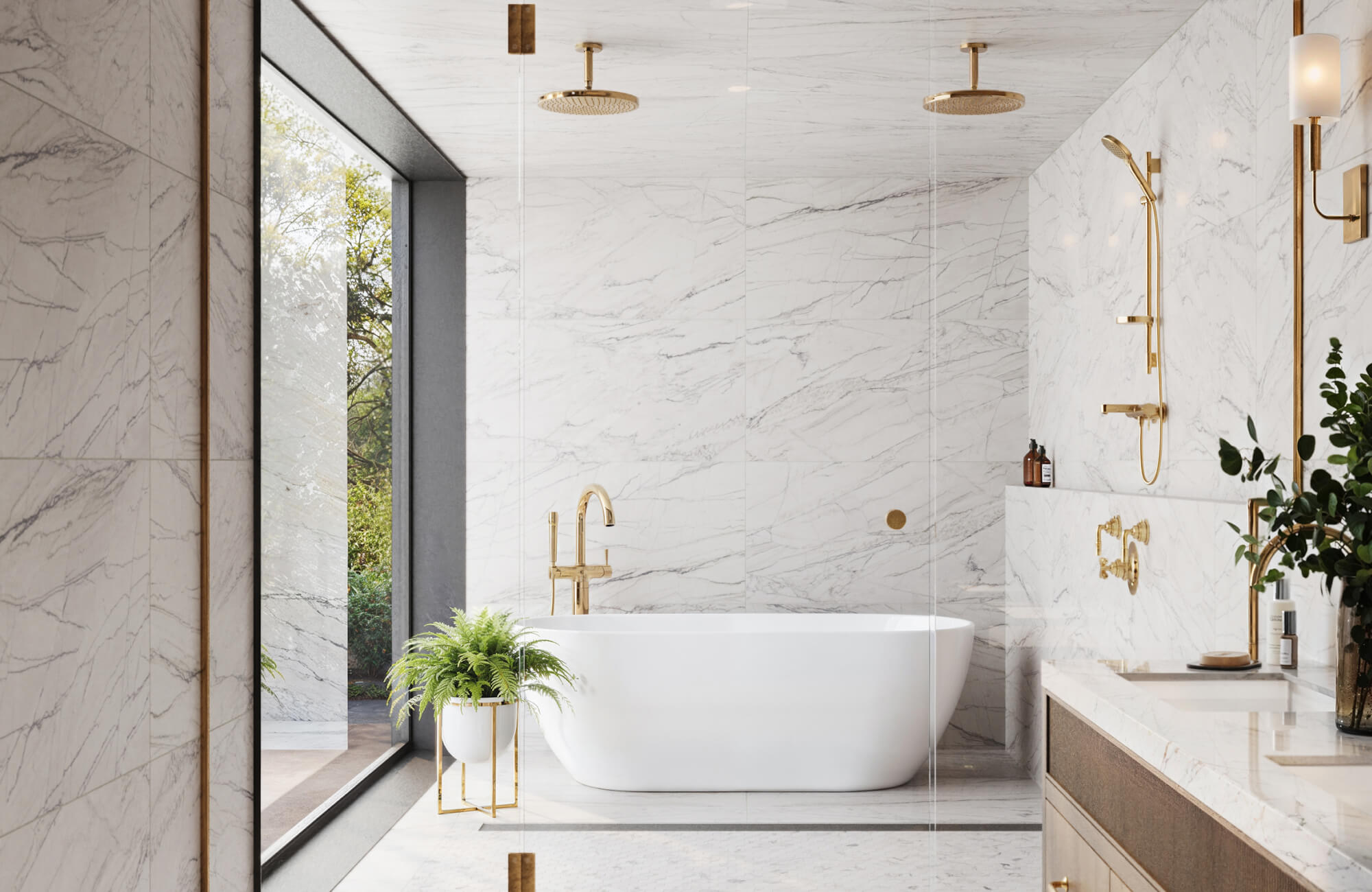 Luxurious bathroom with a freestanding bathtub, marble look walls, and gold fixtures, featuring a large window with greenery.