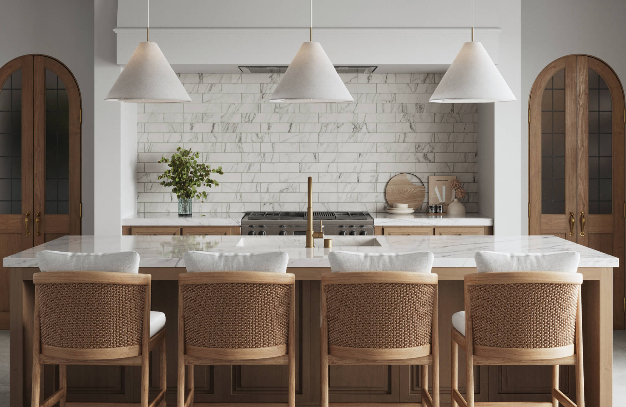Sophisticated kitchen with a marble look tile backsplash, white waterfall island, and woven bar stools in a warm wood finish.