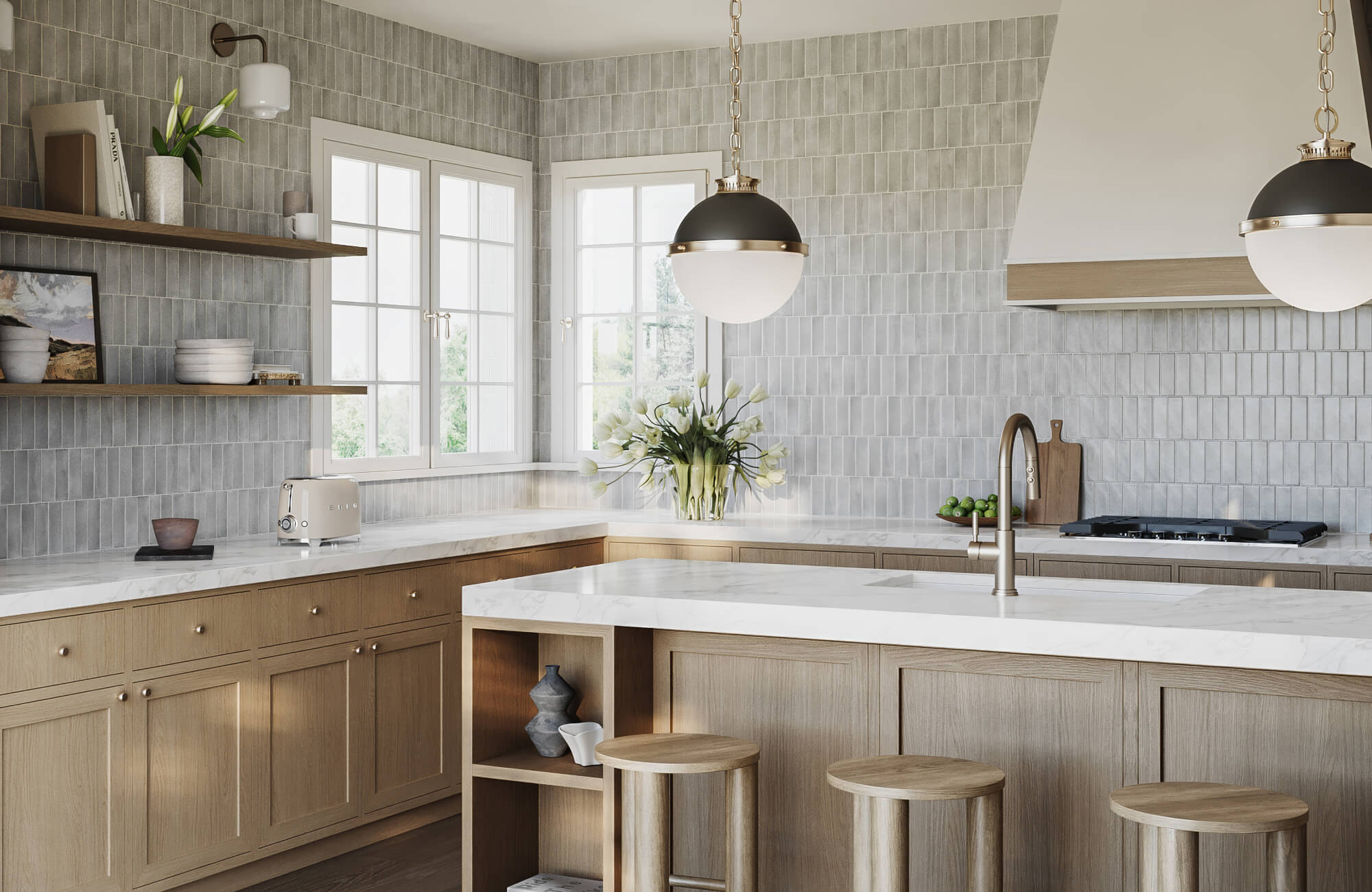 ight gray vertical tile backsplash with white countertops, wood cabinetry, and globe pendant lighting in a modern kitchen.